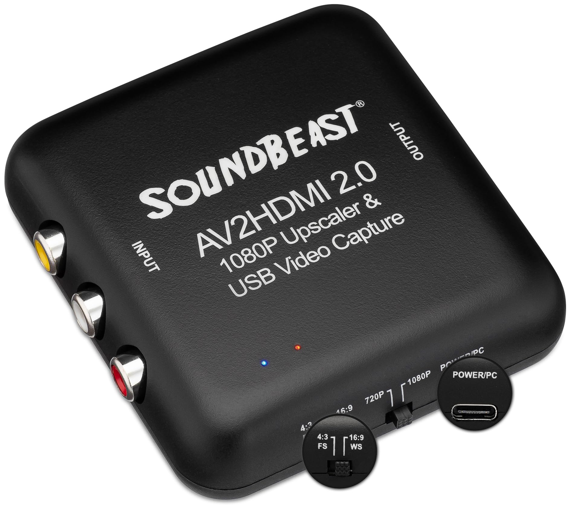 SoundBeast Convertidor y grabadora AV a HDMI 2.0 - AV RCA compuesto a 1080P HDMI TV Upscaler - para VCR, VHS, DVD, videocámara, Hi8, juegos - Relación de aspecto 4:3 - Captura de vídeo USB