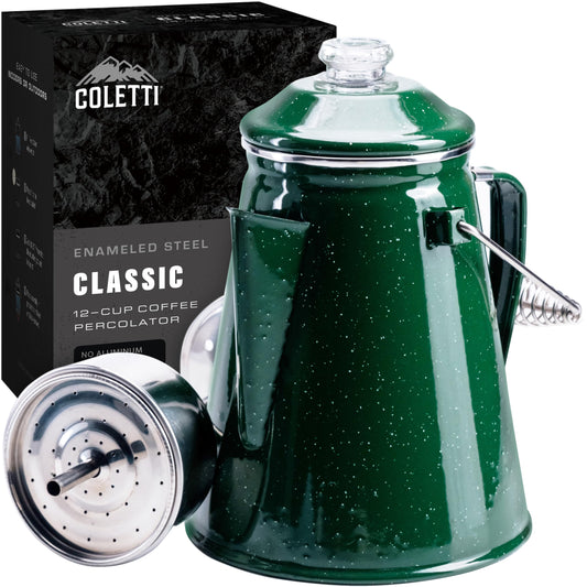 COLETTI - Cafetera percoladora clásica, cafetera de campamento, cafetera para hogueras, percoladora de camping para grupos, para todo el campamento, 12 tazas, verde