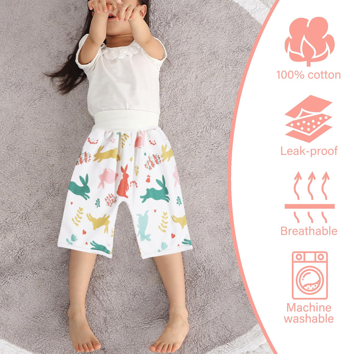 Pantalones de pañales impermeables para bebés y niños, paquete de 2 pantalones absorbentes para entrenamiento para niños y niñas, uso de día y noche (conejo L)