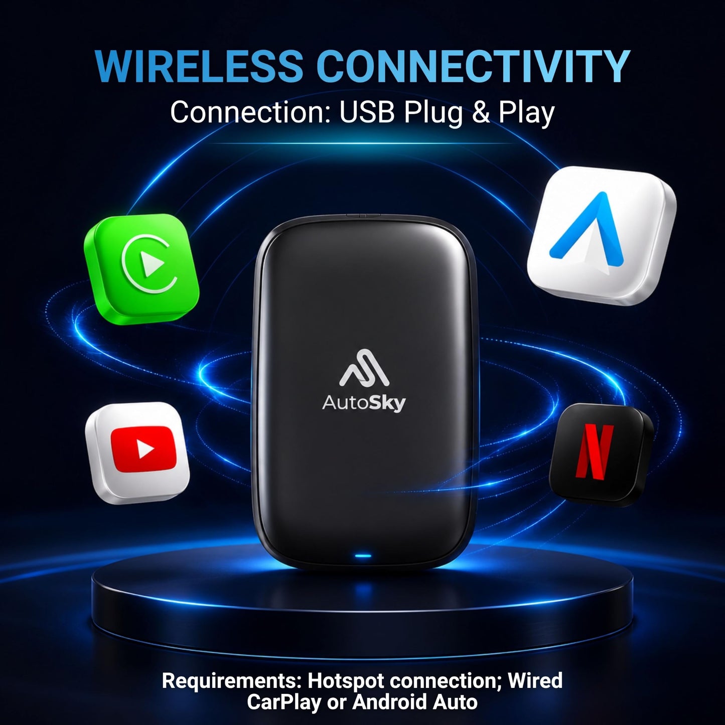 AutoSky AI Box Lite Air – Adaptador Inalámbrico para CarPlay de Fábrica – Transmite Medios Personales y Aplicaciones en Línea a través de Hotspot de Teléfono – Rendimiento Rápido Plug & Play