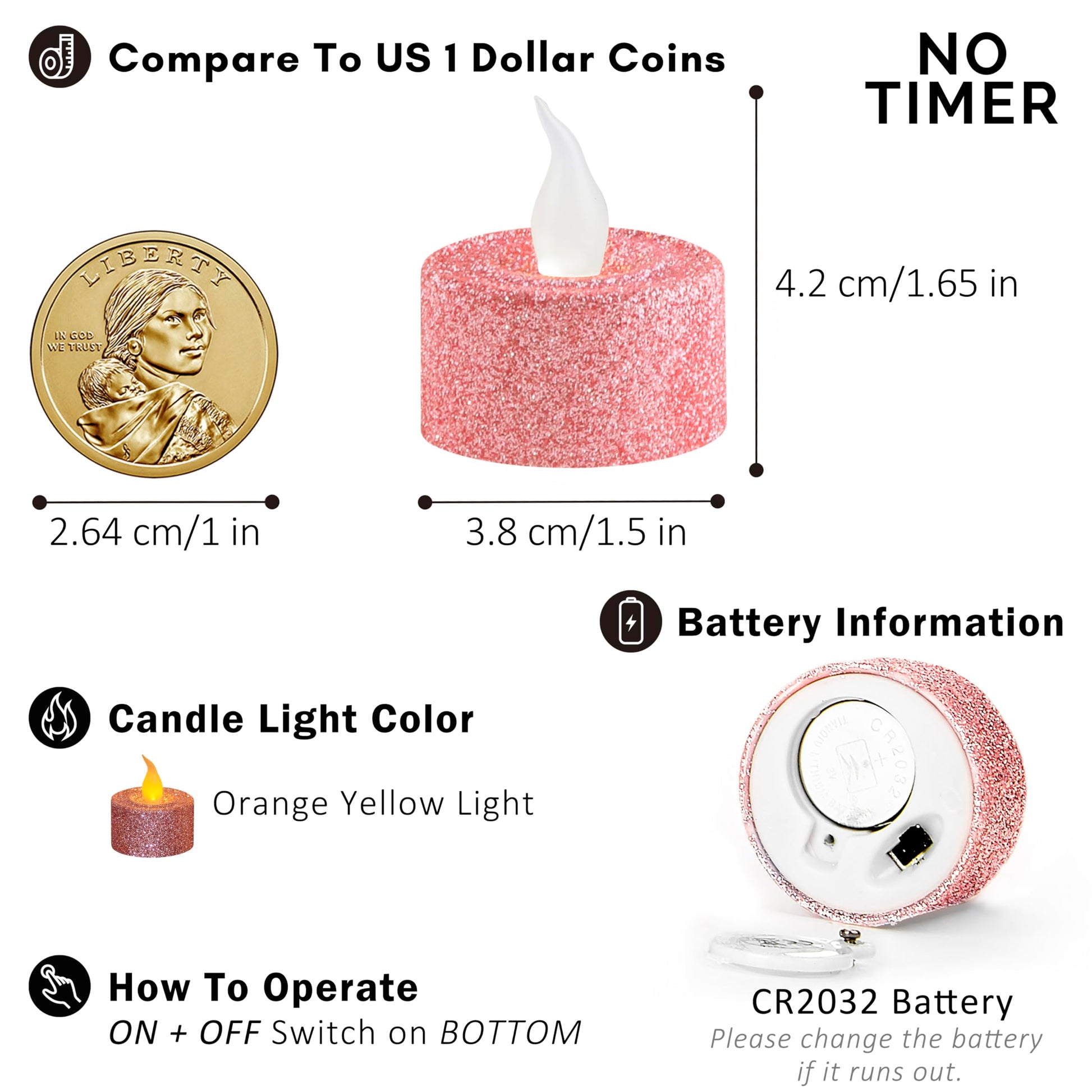 FURORA LIGHTING - Velas LED con purpurina rosa, paquete de 12, velas parpadeantes sin llama para decoración del hogar, 1.5 pulgadas de ancho x 1.65 pulgadas de alto, funciona con pilas
