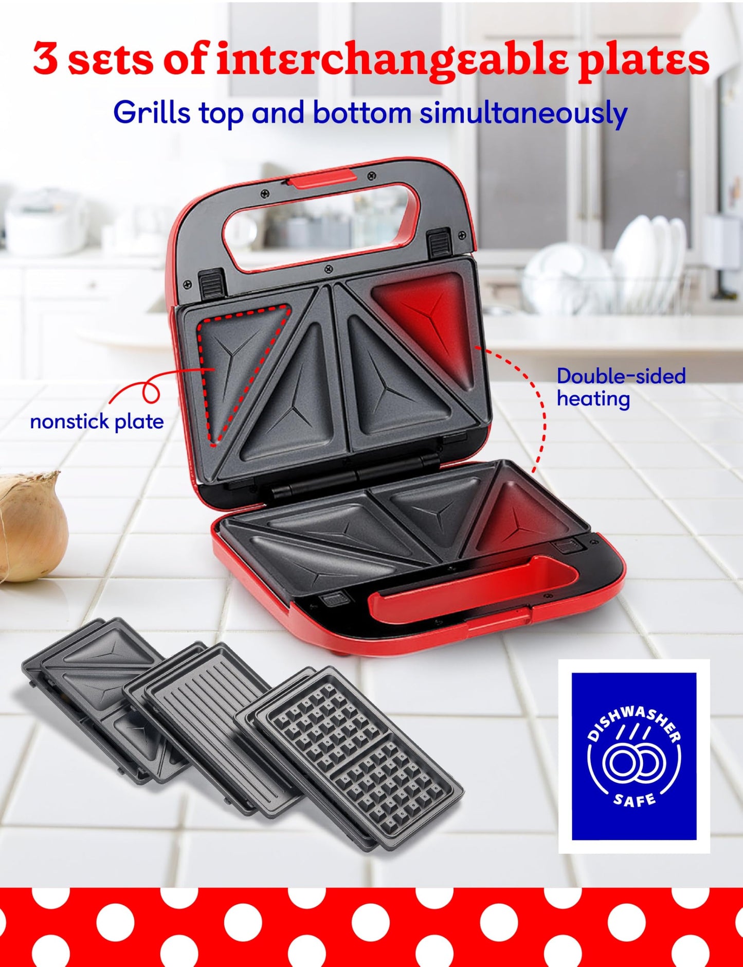 Betty Crocker 3 en 1 parrilla de interior, sándwich/Panini Press & Waffle Maker Plus, parrilla eléctrica interior con placas antiadherentes intercambiables, 750 vatios, BC-4965R, rojo
