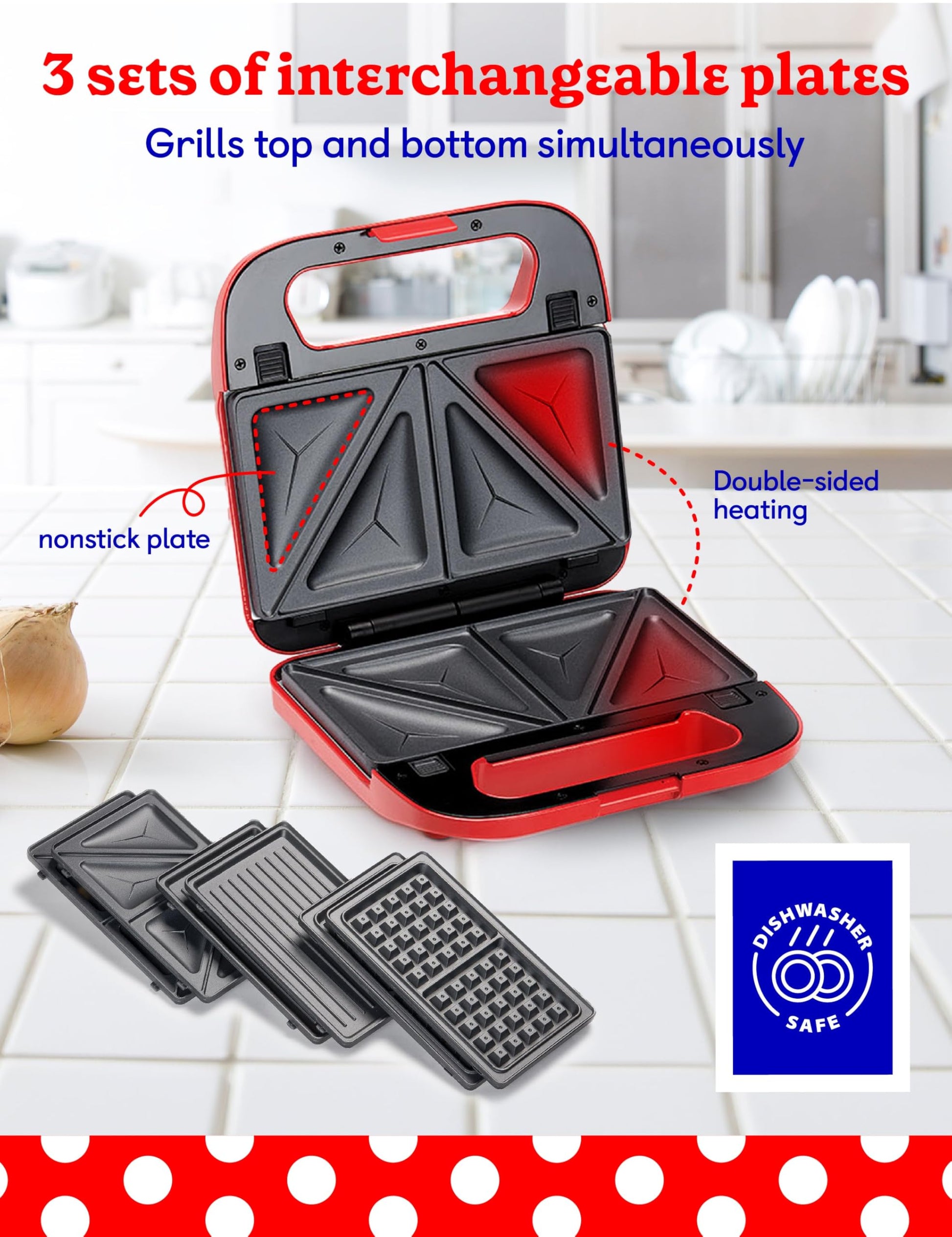 Betty Crocker 3 en 1 parrilla de interior, sándwich/Panini Press & Waffle Maker Plus, parrilla eléctrica interior con placas antiadherentes intercambiables, 750 vatios, BC-4965R, rojo