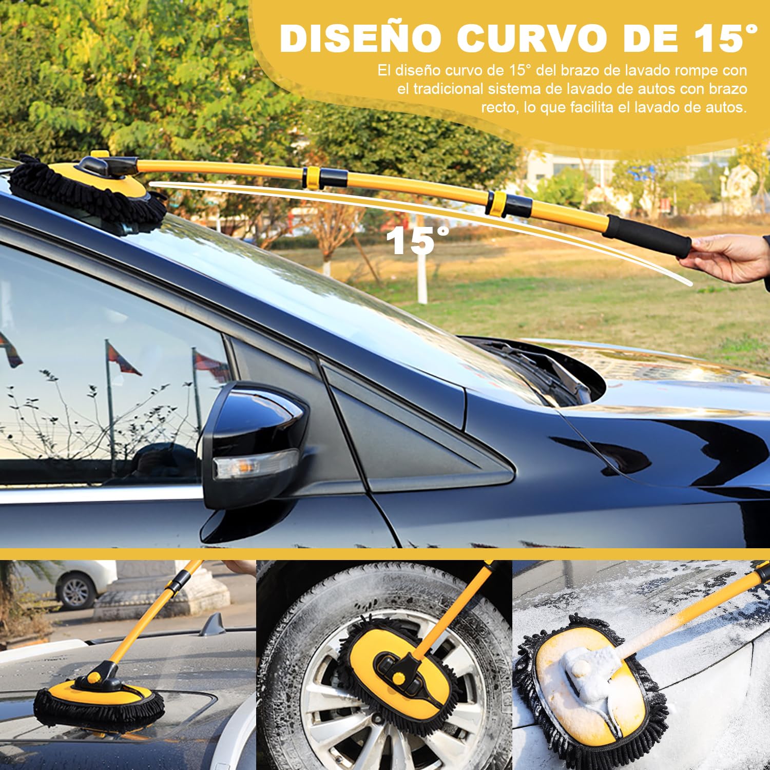 Cepillo para Lavar Carros Curvo 15° con Mango Ajustable de 102 cm, Chenilla Limpieza Auto, Pintura no Dañada, Kit de Lavado para Auto, Cristales, Ruedas, Suelos