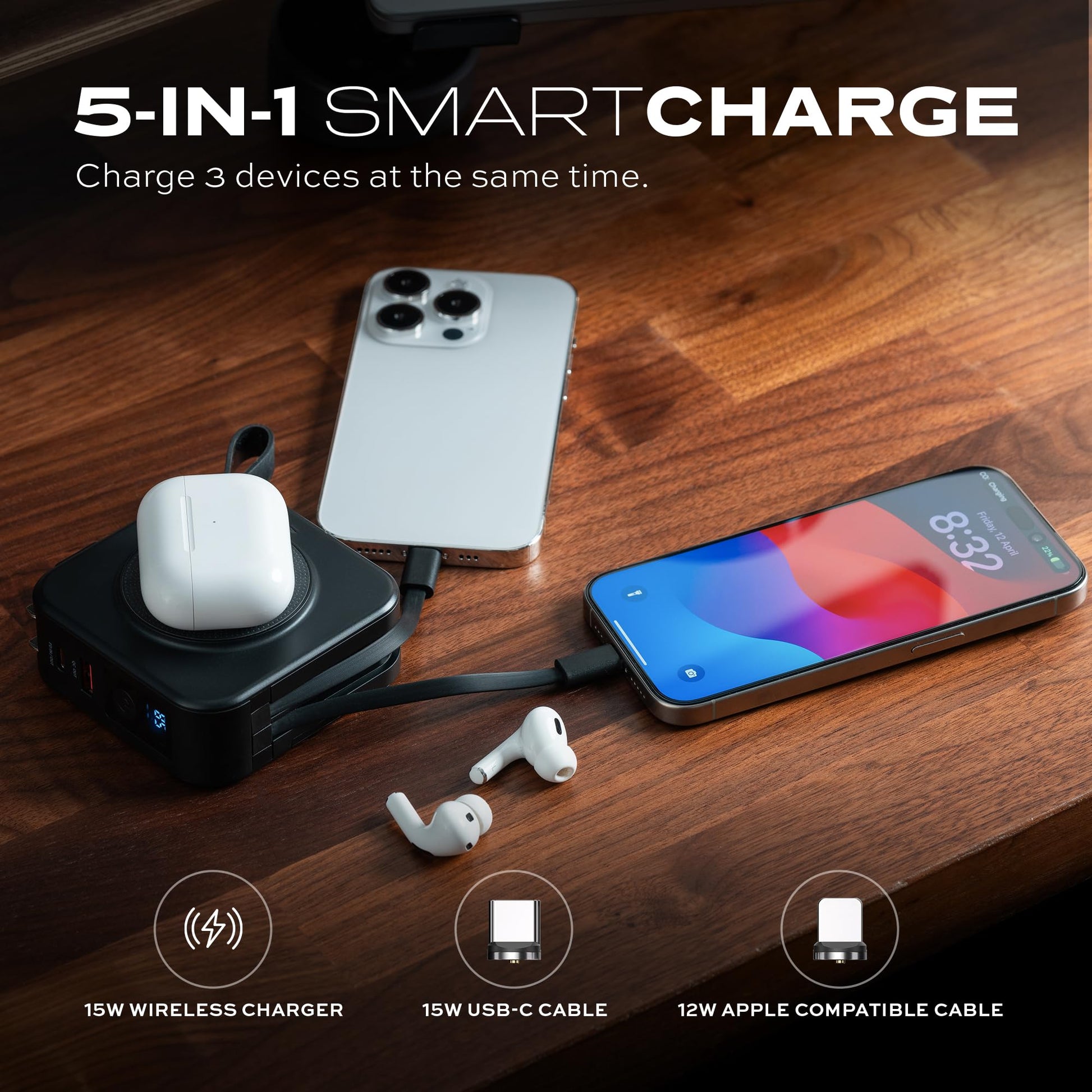 Banco de Energía STATIK SmartCharge 5 en 1 Blanco con Enchufe de Pared y Cables USB C Integrados Compatible con iPhone para Viaje Internacional 10000mAh