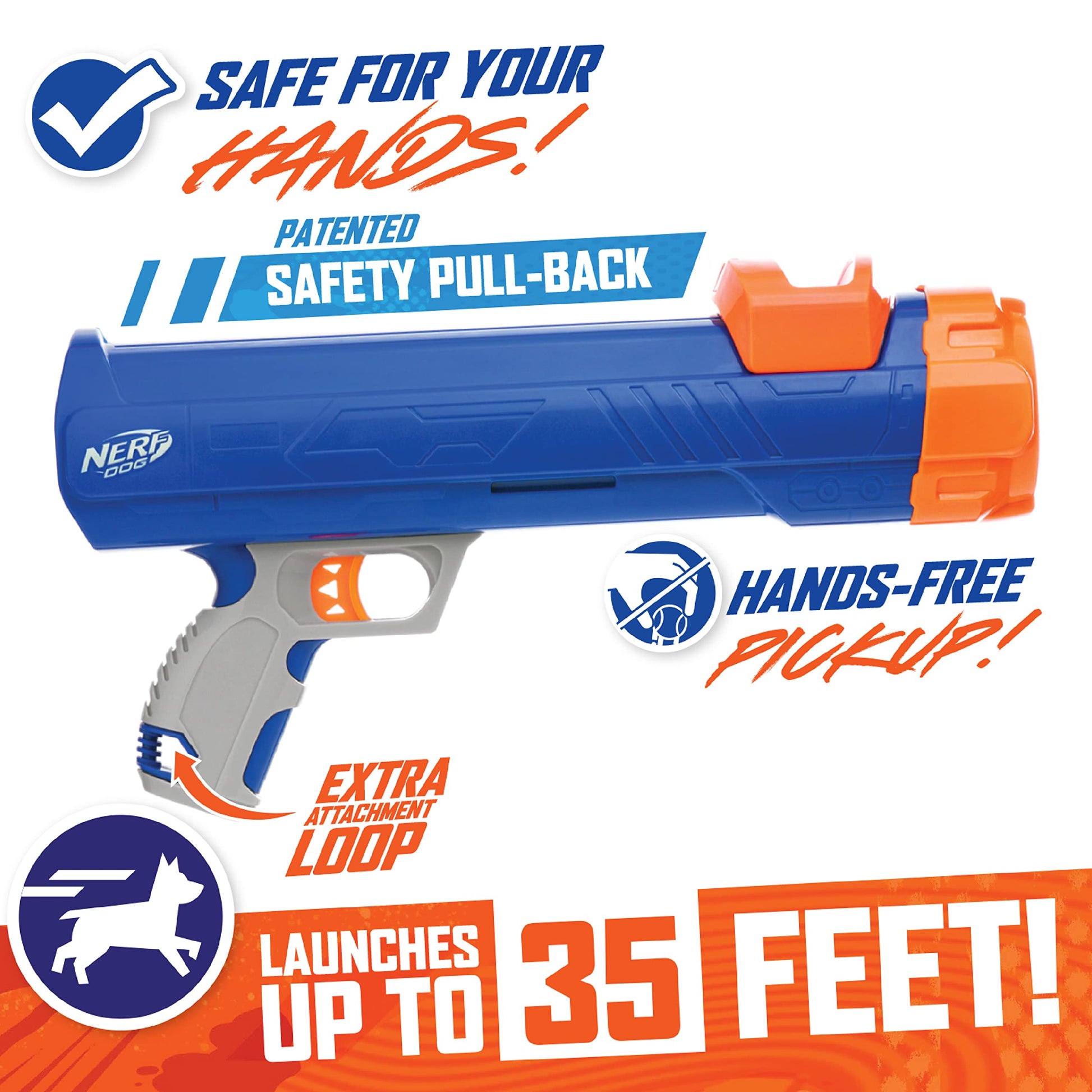 Nerf Dog Blaster de 30,5 cm sin Clip de Bola 3 Pelotas de Tenis de 5 cm – Azul Opaco, Naranja/Gris y Naranja, Azul y Verde