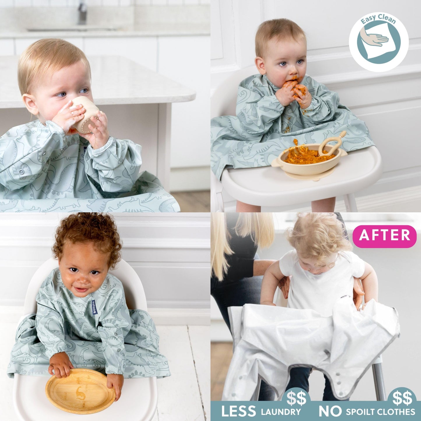 Bibado Baberos para bebé con mangas – Babero de destete LED para niños pequeños y bebés, 6-36 meses, se fija a sillas altas, cochecitos, mesas, Rugido de Dino, One Size