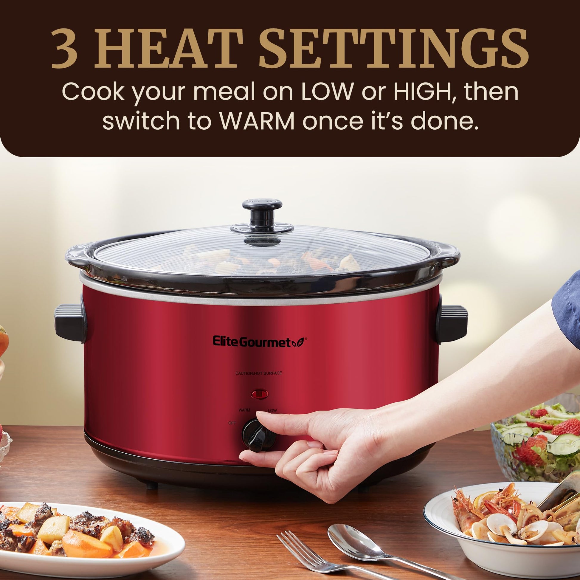 Elite Gourmet MST-900RXT# - Olla lenta de cerámica eléctrica XL, temperatura ajustable, entrantes, salsas, guisos y inmersiones, tapa de vidrio y vajilla aptas para lavaplatos, 8.5 cuartos de galón,