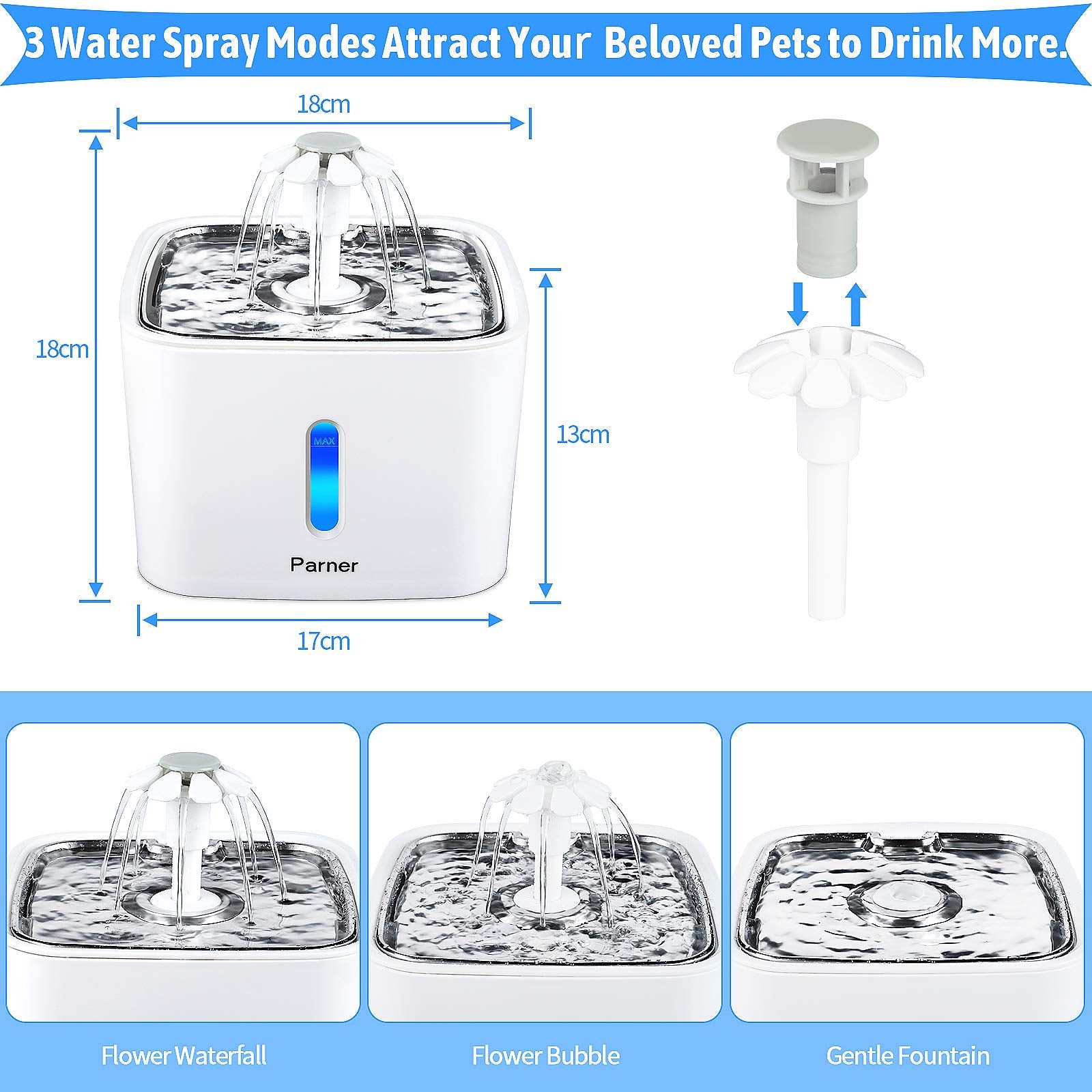 Fuente de Agua para Gatos Parner Acero Inoxidable Ultra Silenciosa con Indicador de Nivel y Filtros