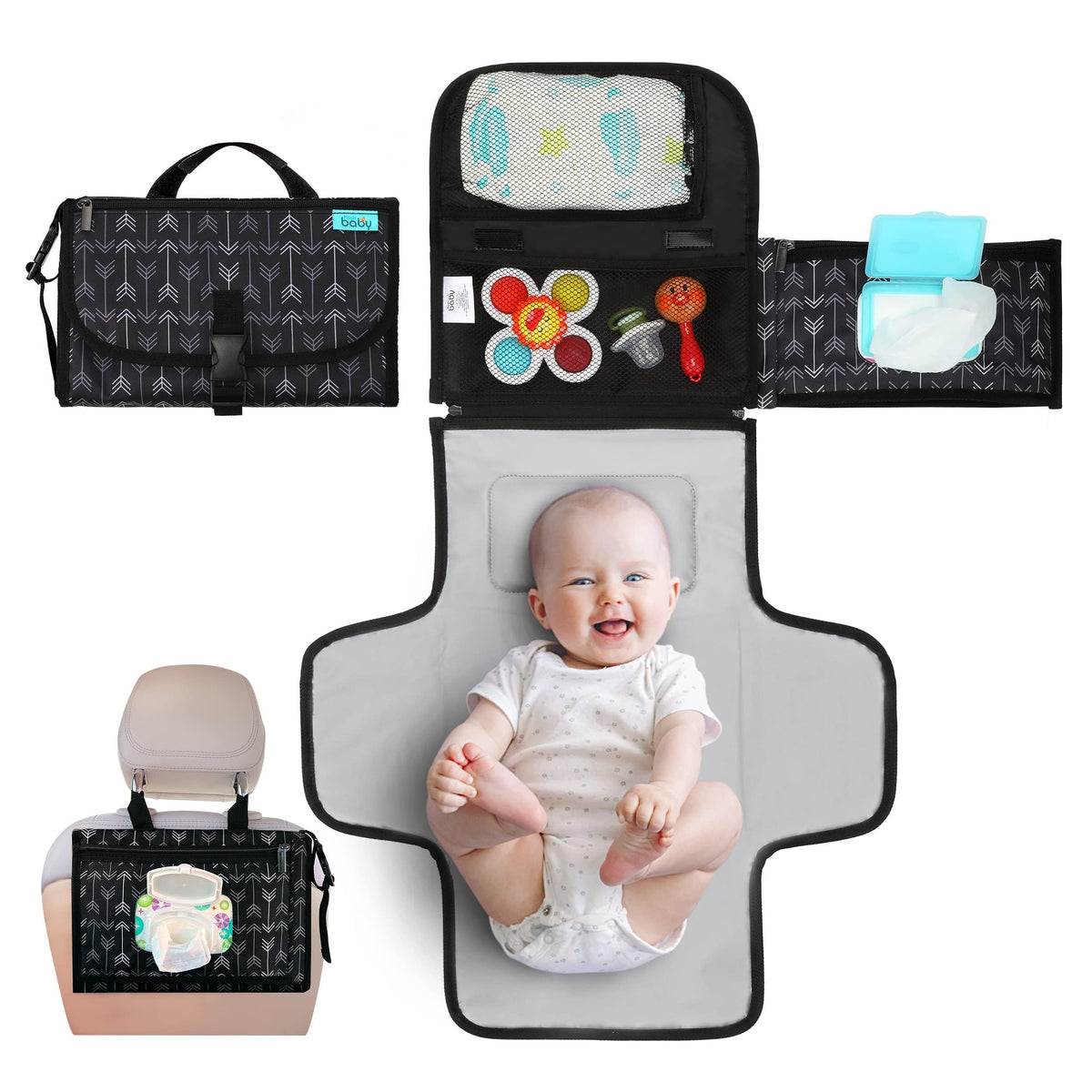 Kopi Baby - Cojín de cambio portátil, para recién nacidos, niña y niño, con bolsillo para toallitas inteligentes, kit de cambio de viaje impermeable, regalo para bebé, color negro