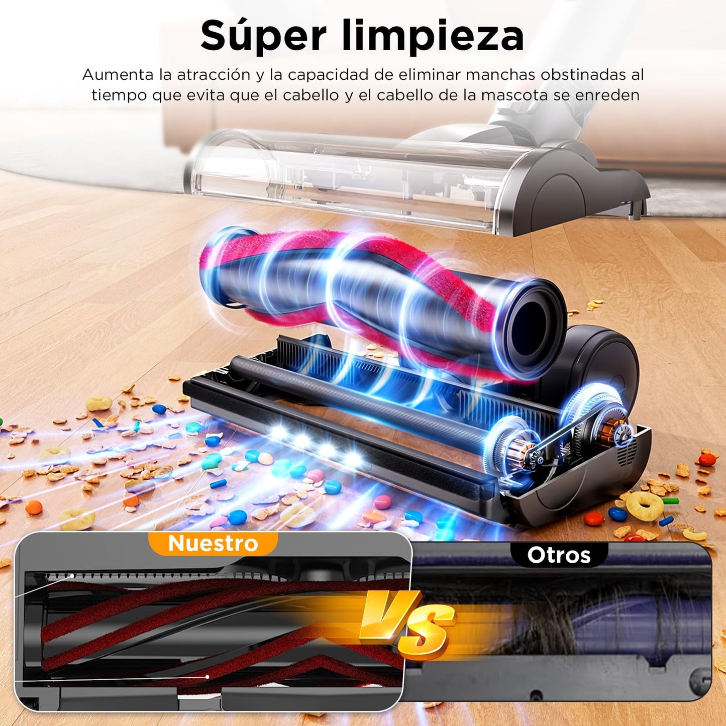 8 en 1 Aspiradora Inalambrica V18,50KPa/550W/60min,180° Plegables,Aspirador Vertical con Pantalla Táctil,1.5L Capacidad,3 Niveles Ajustables,Aspiradoras con Accesorios,para Alfombras/Suelos Duros/Pelo