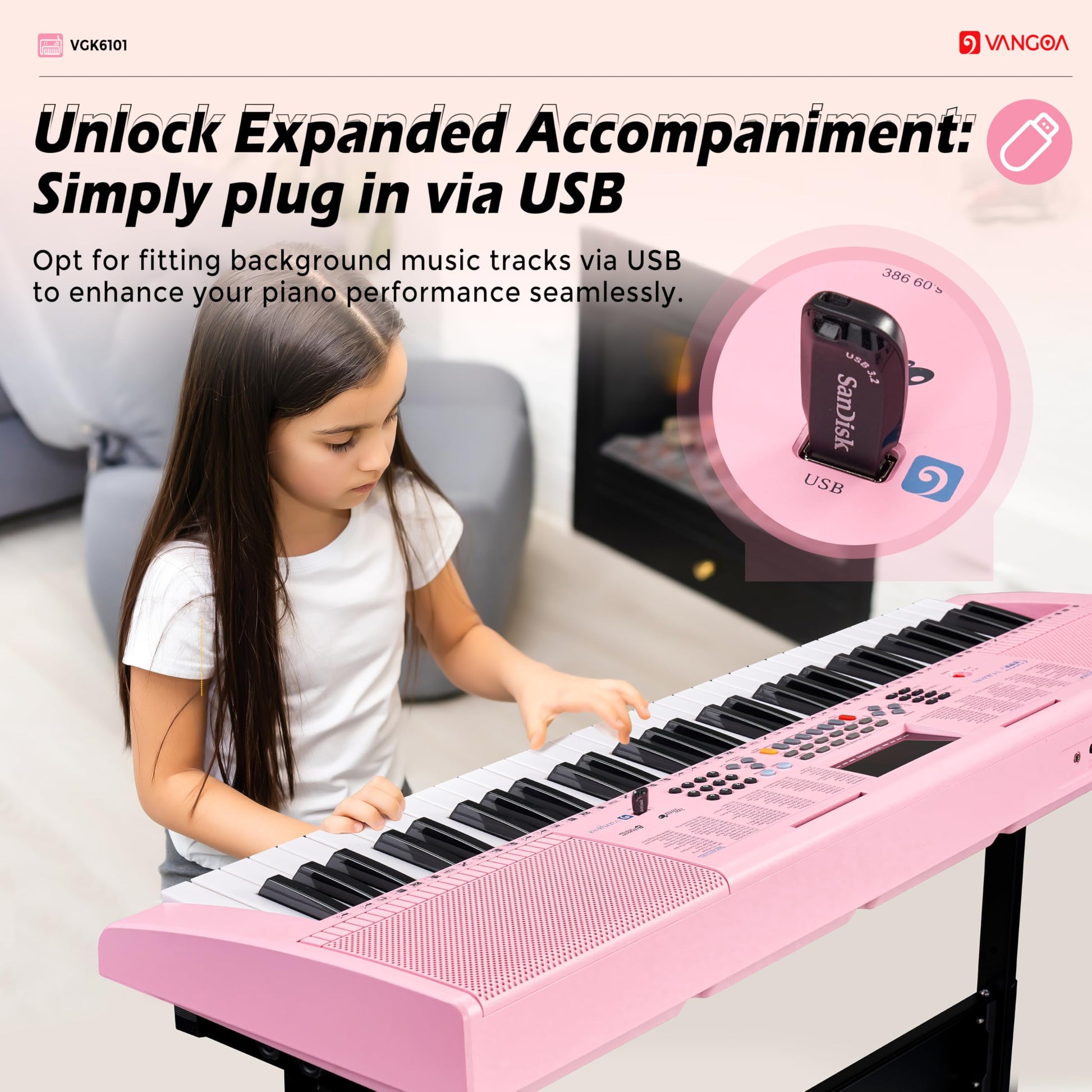 Teclado de Piano Vangoa Rosa 61 Teclas Kit Portátil con Micrófono para Niños y Estudiantes