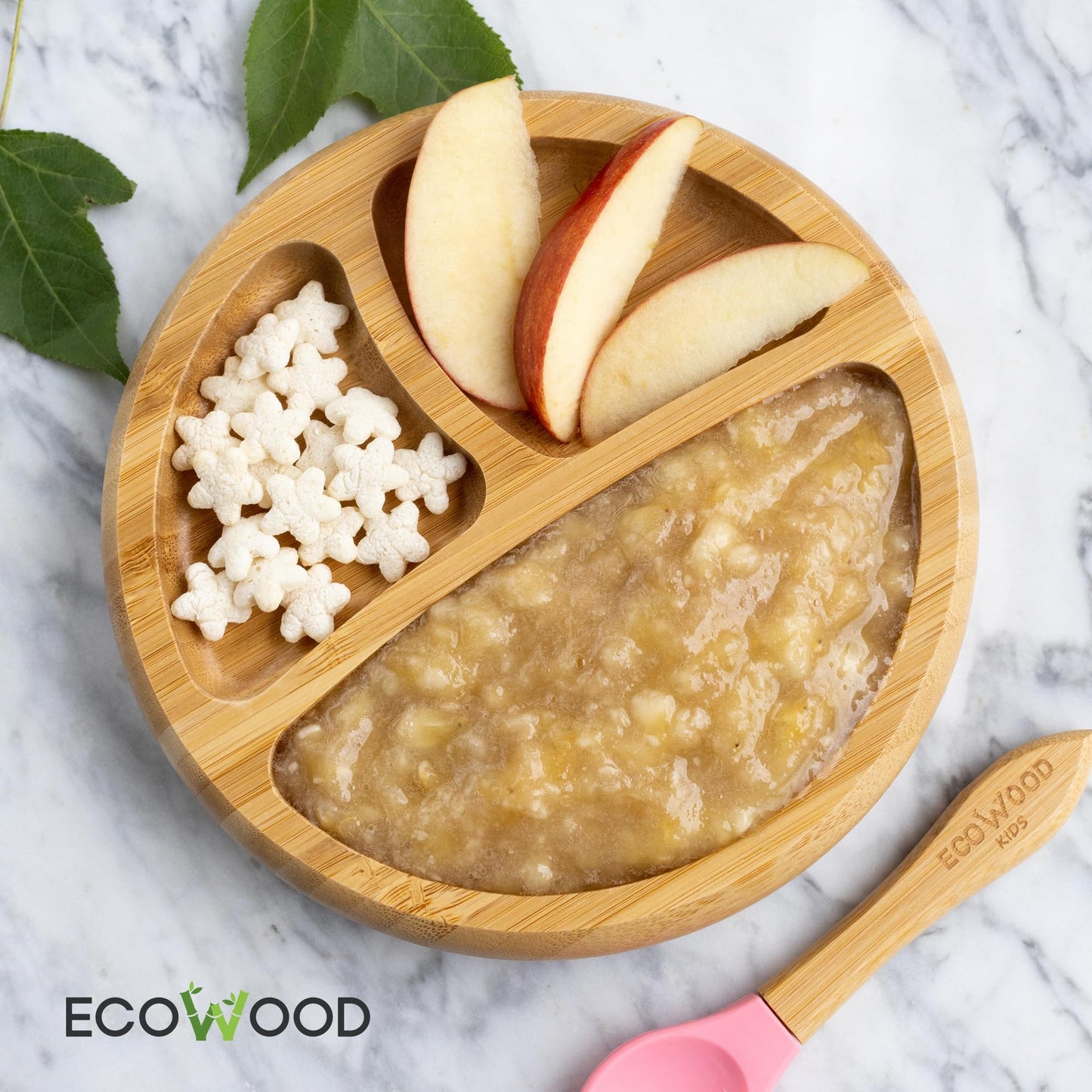 Ecowood® Plato Extendido de Bambú con Divisiones para Bebe y Niño - Con Base de Silicona Succión Adherente y Antiderrapante (Rosa)