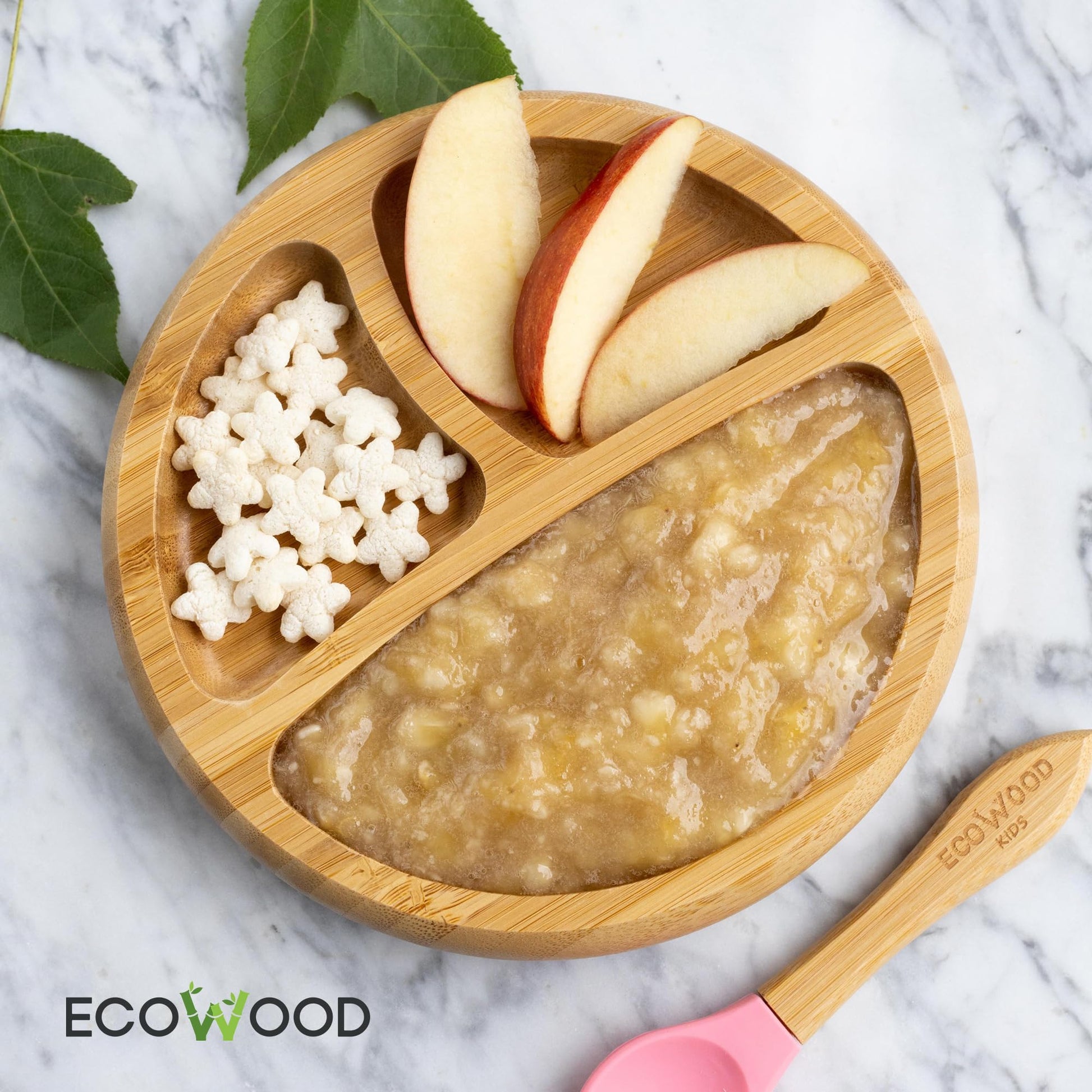 Ecowood® Plato Extendido de Bambú con Divisiones para Bebe y Niño - Con Base de Silicona Succión Adherente y Antiderrapante (Rosa)