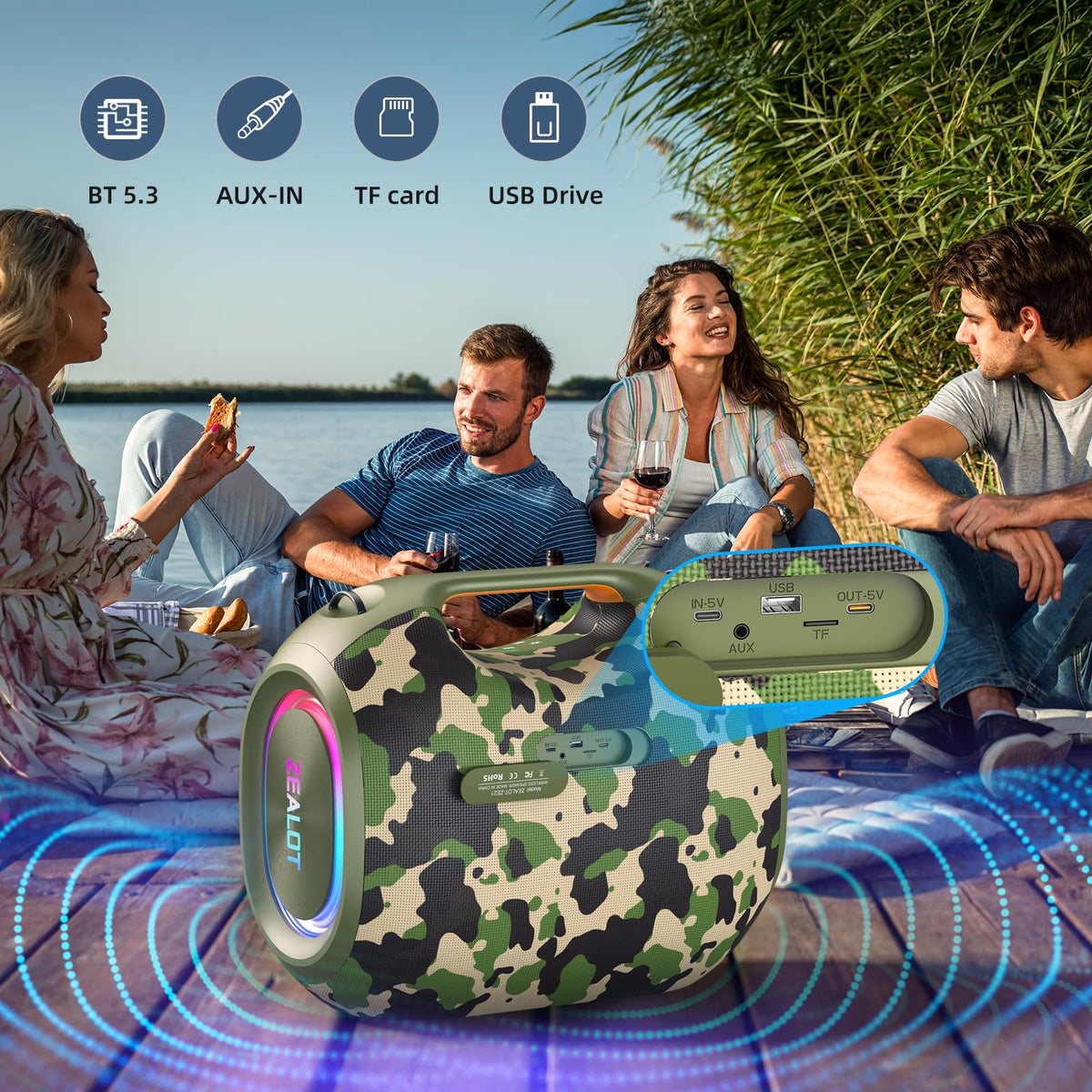 Altavoz Bluetooth ZEALOT Negro 250 W RMS Inalámbrico Impermeable IPX6 con Graves Profundos