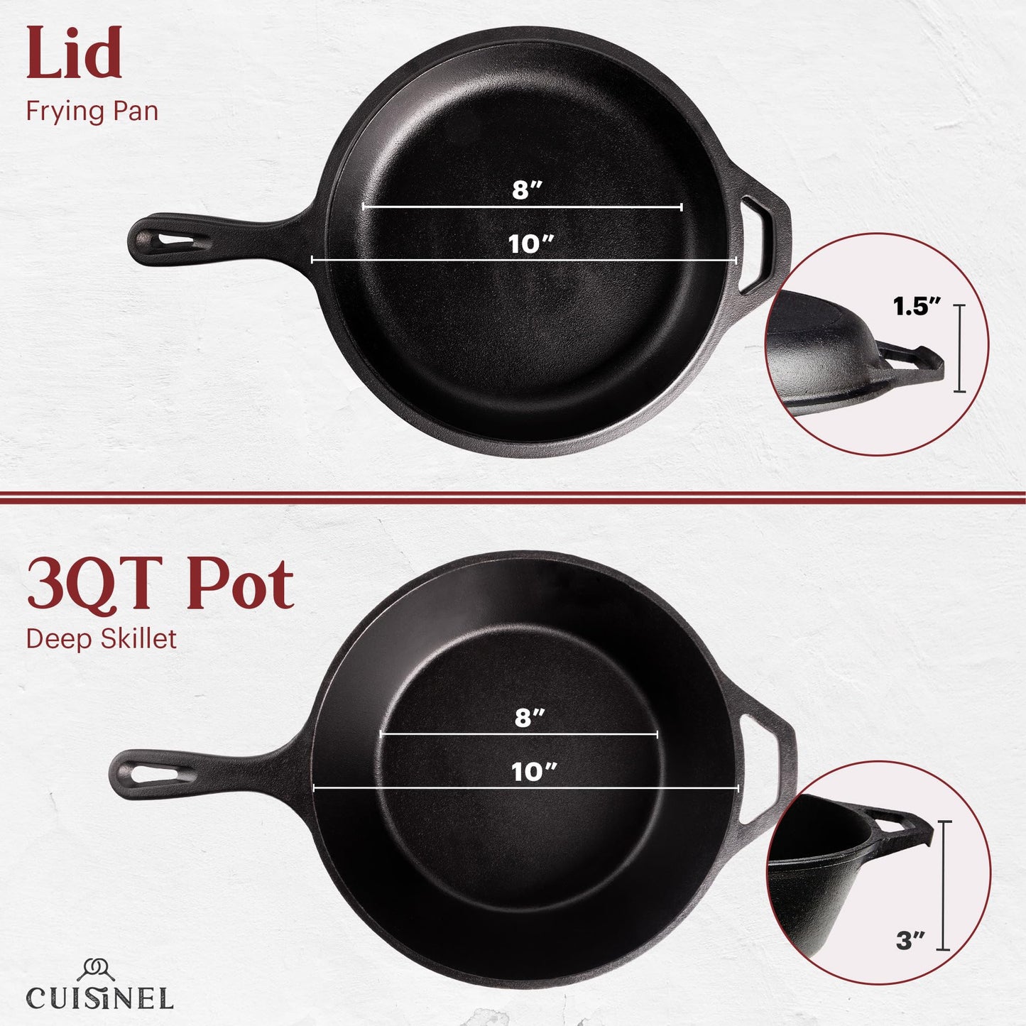 Cuisinel - Sartén de hierro fundido + tapa, 2 en 1, olla profunda + sartén, horno holandés de 3 cuartos de galón, utensilios de cocina presazonados, funciona para pan, interiores y exteriores,