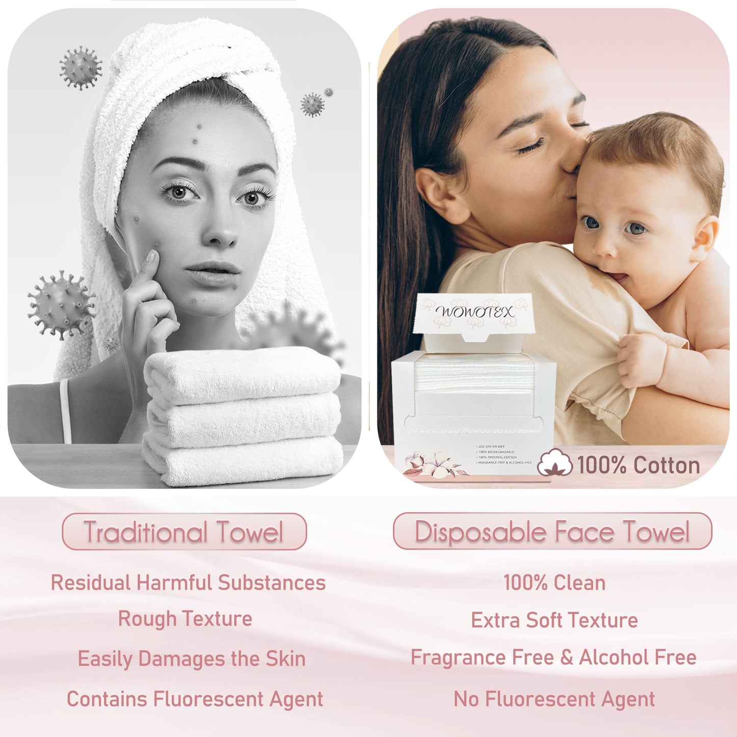 WOWOTEX - Toalla facial desechable 100% algodón, biodegradable, para secar la cara, 200 unidades, 4 unidades, extra gruesas, suaves, de uso único, 10 x 12 pulgadas, toallas grandes de limpieza para