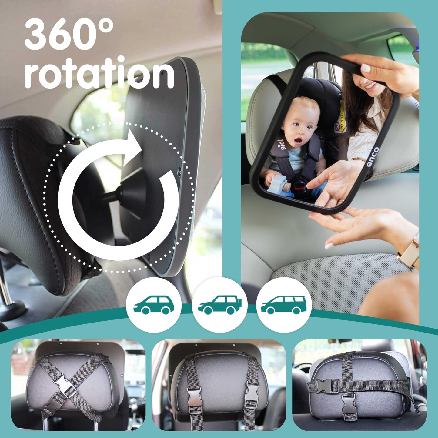 Onco - Juego de espejos para coche para bebé, retrovisores y delanteros, doble premiado, 100% inastillables y a prueba de sacudidas, rotación de 360°, vista convexa ancha, esenciales para recién