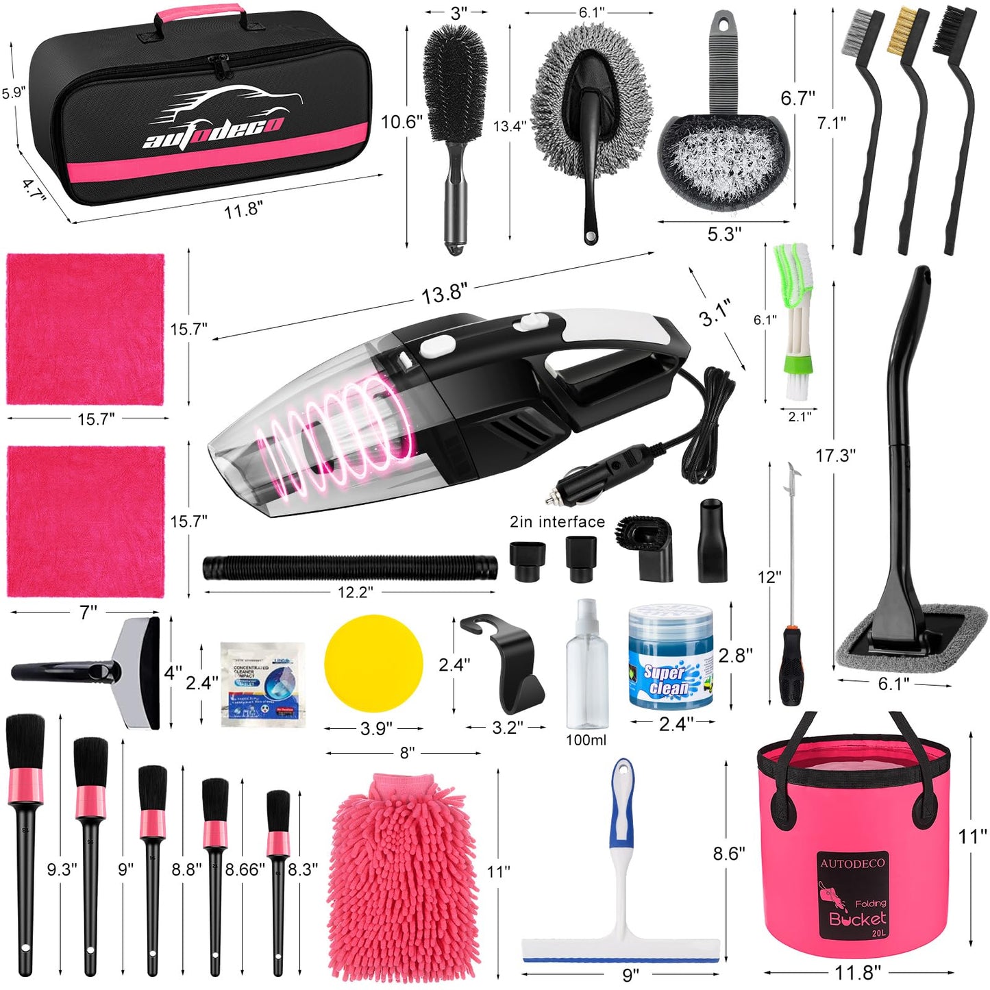 AUTODECO - Kit de 41 piezas de limpieza de coche, kit de limpieza de detalles interiores con aspiradora de mano de alta potencia, cubeta plegable, herramienta para parabrisas, pala de nieve, cepillo