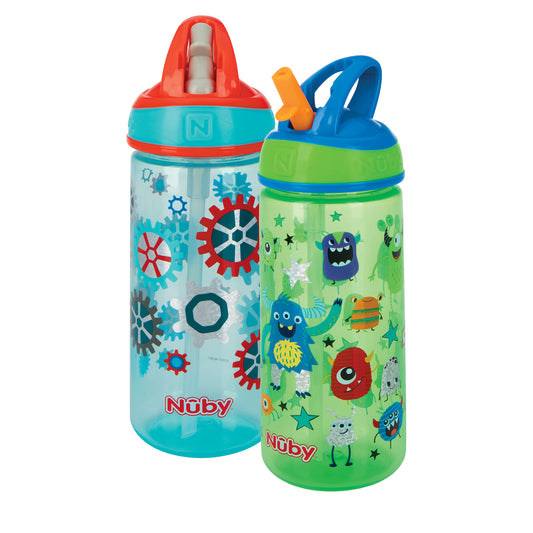 Botellas de Agua Nuby Iridiscentes para Niños con Pajita Dura a Prueba de Mordeduras Robot y Monstruo 18 Meses 540 ml Paquete de 2