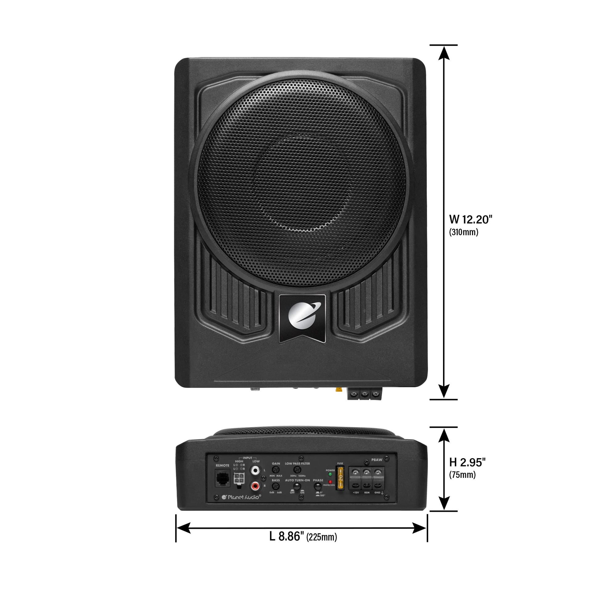 Planet Audio P8AWK - Subwoofer de perfil bajo de 8 pulgadas con motor para debajo del asiento, 800 de alta salida, amplificador integrado, para camiones, cajas y recintos, control remoto de subwoofer