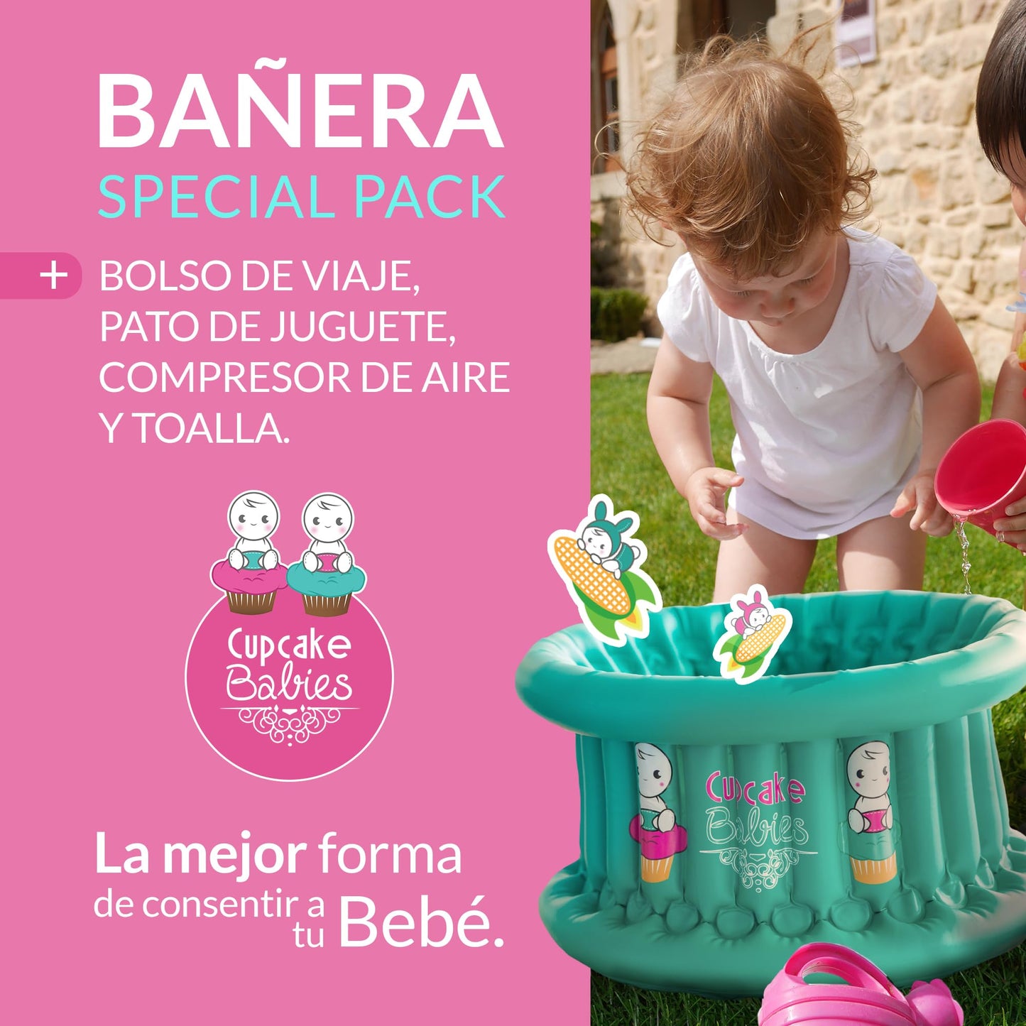 Cupcake Babies Set Especial de Bañera para Bebe Inflable Turquesa | Navidad | Ideal para Regalos Navideños Recién Nacidos hasta 12 Meses | Incluye Toalla, Bolso de Viaje, Pato de Juguete y Compresor