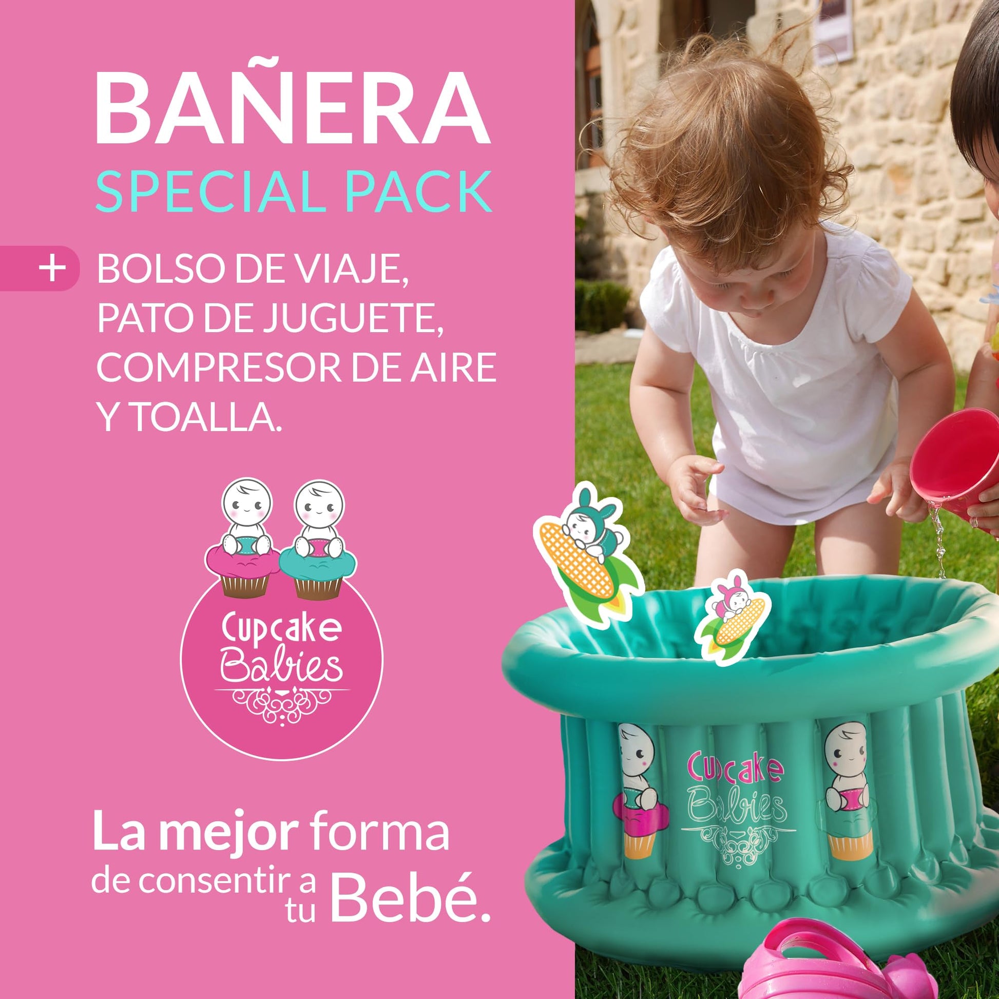 Cupcake Babies Set Especial de Bañera para Bebe Inflable Turquesa | Navidad | Ideal para Regalos Navideños Recién Nacidos hasta 12 Meses | Incluye Toalla, Bolso de Viaje, Pato de Juguete y Compresor