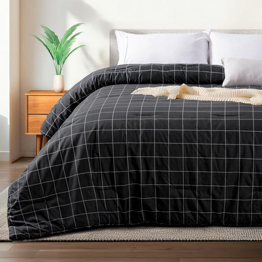 Dreamlab Edredón Acolchado para Toda Estación. Relleno de Microfibras Recubiertas con Gel. Lavado a Máquina. Usar como Edredón o con Duvet.Hipoalergénico.(Cuadros Grafito/Blanco,King Size 259x223cm)