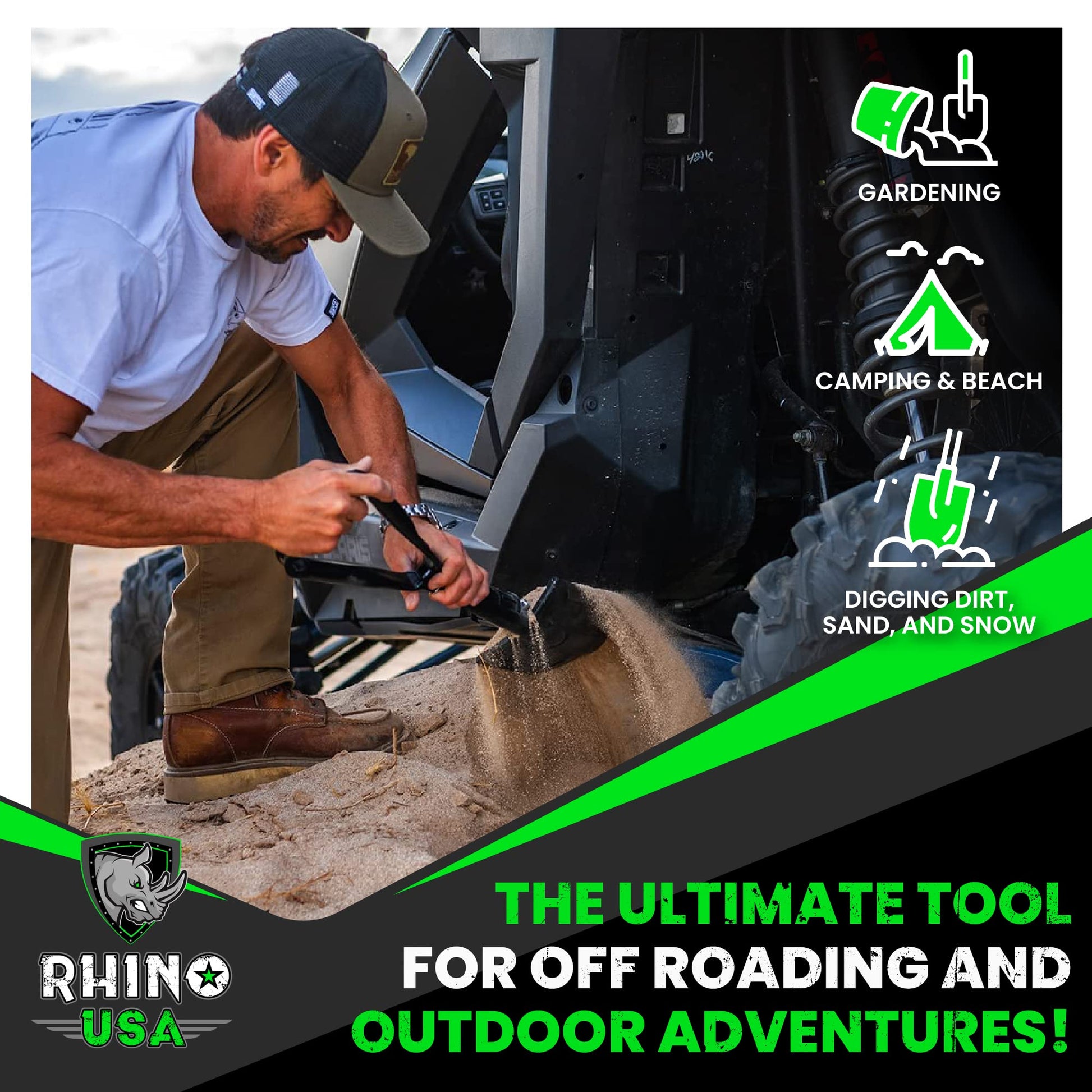 Pala Plegable Rhino USA Verde Militar Multiusos de Acero Carbono para Camping, Jardinería y Supervivencia