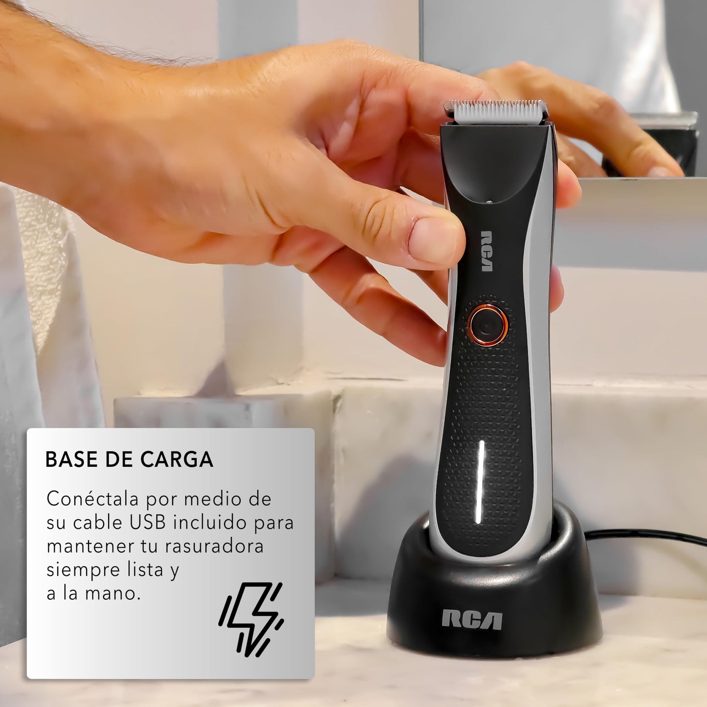 RCA Rasuradora Eléctrica RC-TR1 con Cuchillas de Cerámica, Afeitado Suave y Preciso para Barba, Cabello y Cuerpo, Resistente al Agua, Luz LED, 2 Velocidades, Peines 2–7 mm, Carga USB