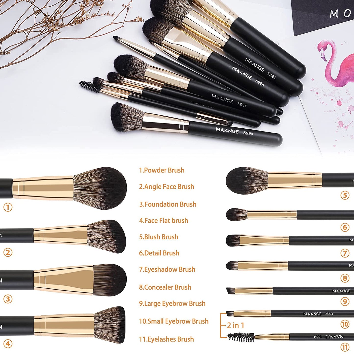Brochas de Maquillaje Set 10 PCs Profesional Kit de Pinceles de Maquillaje Kabuki Sombra de Ojos Brocha Maquillaje con Esponja de Maquillaje (oro negro)