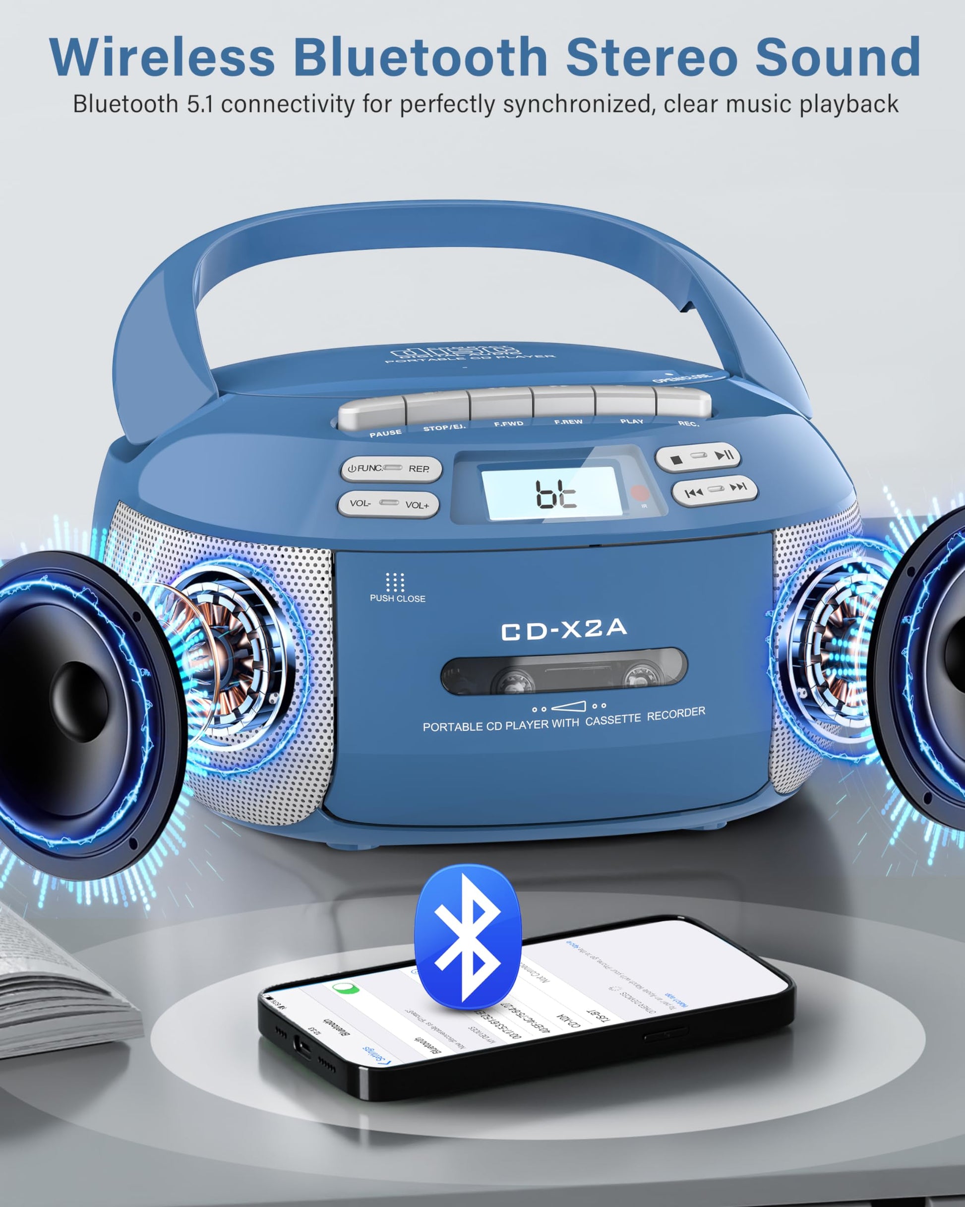 Greadio Boombox - Reproductor de CD de cassette, reproductor de CD portátil con Bluetooth, compatible con radio AM FM, control remoto, AUX/USB/auriculares, funciona con AC/batería, visualización LCD