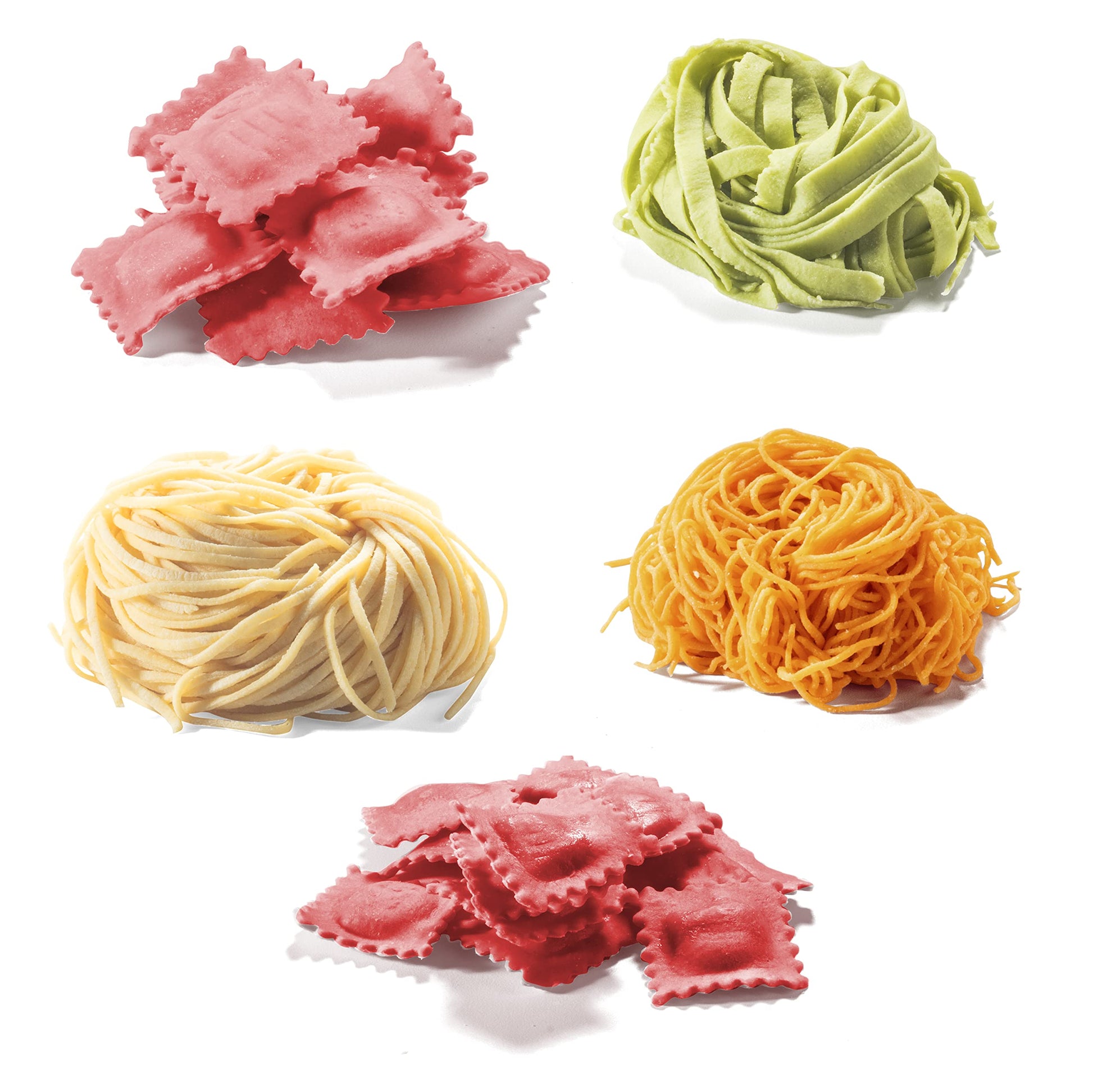 CucinaPro - Juego de accesorios para hacer pasta, 5 accesorios diferentes (espaguetis, pelo de ángel, rodillos fettuccini, cortador raviolis 2 y 3 piezas), acero chapado en cromo