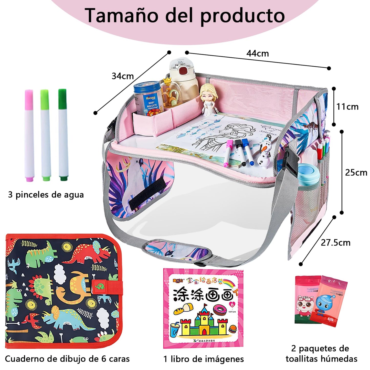 TDVCVZSD Mesa de actividades de viaje para niños,bandeja para asiento automóvil,con kit de pintura y bolsa almacenamiento,plegable y con almacenamiento,imprescindible para viajar automóviles y aviones (Selva tropical + Dragón rojo)