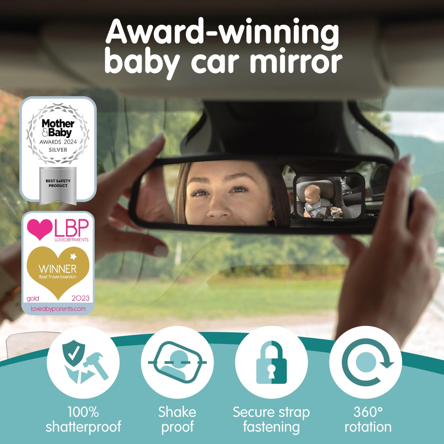 Onco Baby - Juego de cortinas para espejo de coche y ventana de coche (18.9 x 12 pulgadas), visualización UPF 50+, espejo de coche 100% a prueba de roturas para bebé, pantallas universales y espejo
