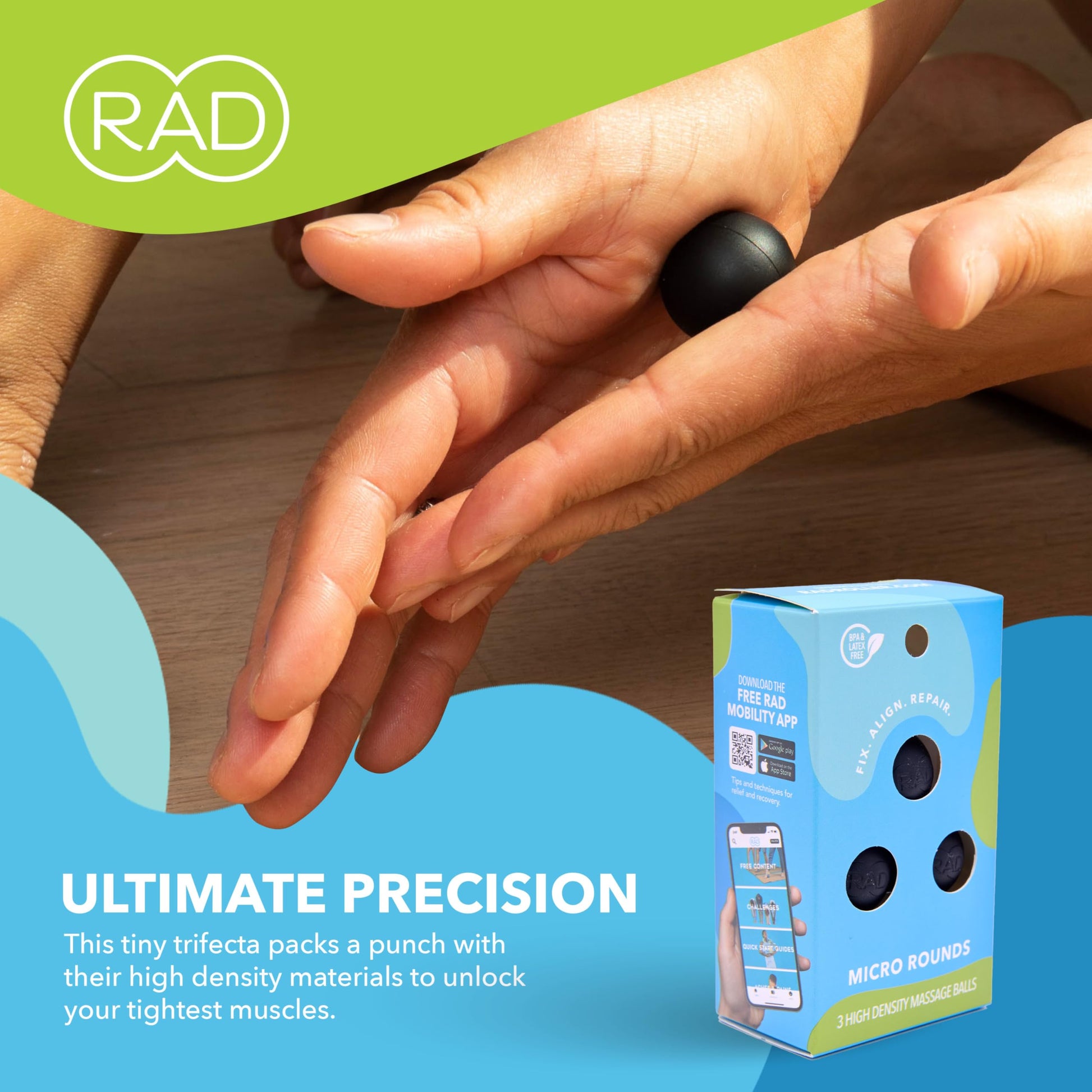 Bolas de Masaje RAD Micro Rounds Alta Densidad para Liberación Miofascial en Mandíbula, Pies y Manos 3 Piezas para Automasaje Movilidad y Recuperación