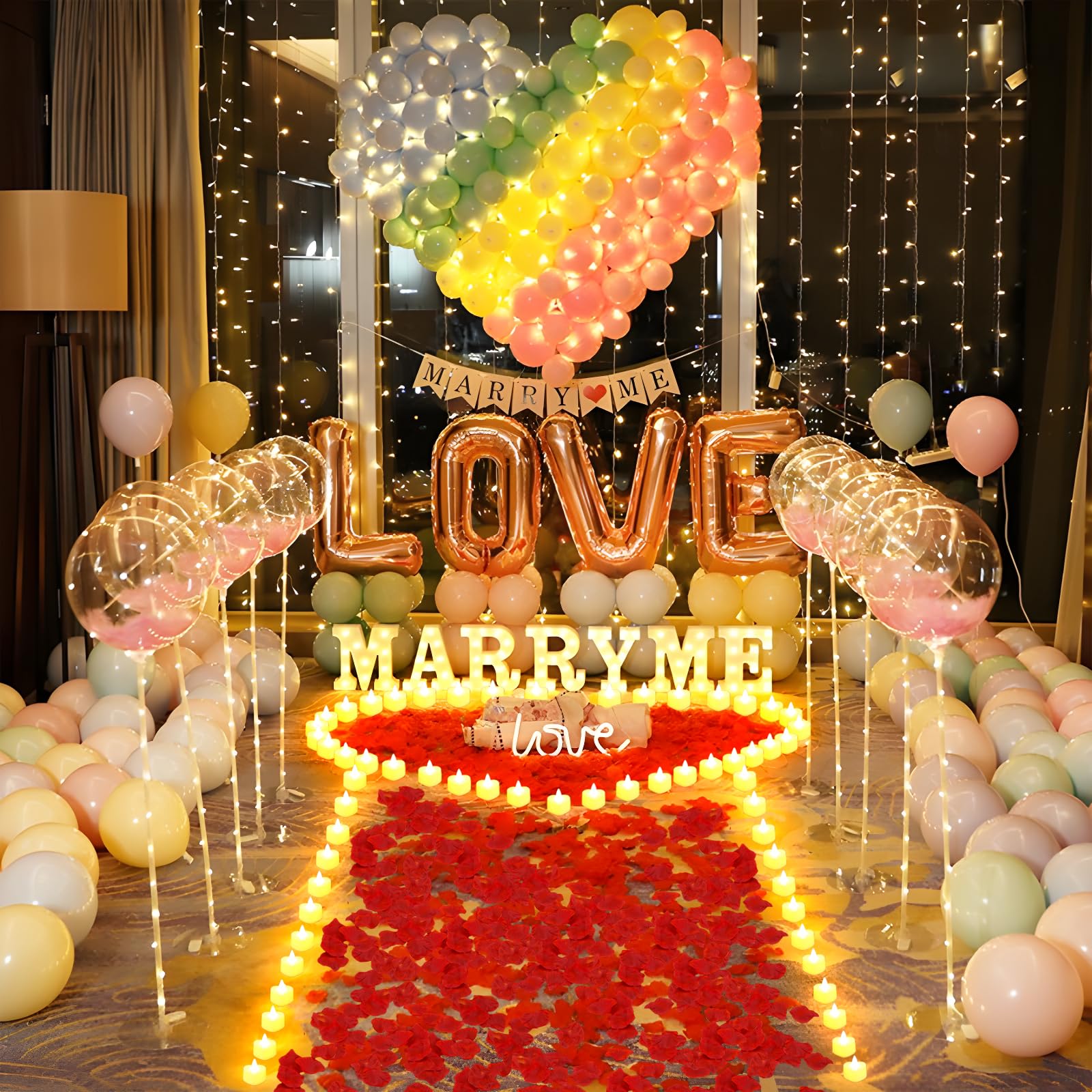 LAMATY 2031 piezas de decoración de propuesta de letras iluminadas, letrero de casarme con 24 velas sin llama de corazón, 2000 pétalos de rosa para propuesta de boda, decoración romántica de noche