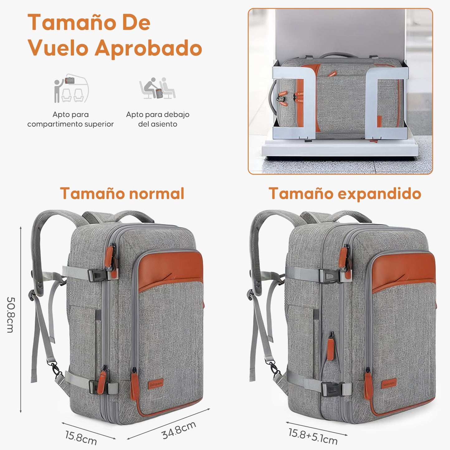 Mochila de Viaje 40L Avion Gris Resistente al Agua con Cubos de Embalaje para Hombres y Mujeres