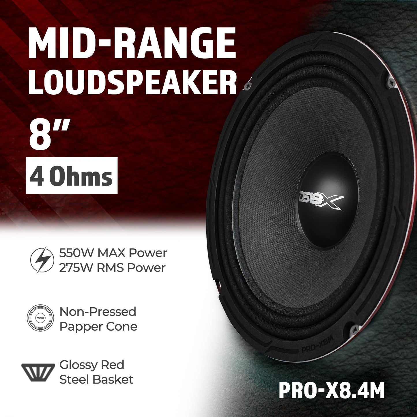 DS18 Pro-X8.4M - Altavoz de 8 Pulgadas, Rango Medio, Cesta de Acero Rojo, 550 W máximo, 275 W RMS, 4 ohmios - Altavoces de Puerta de Audio de Calidad Premium para Sistema de Sonido estéreo de Coche o
