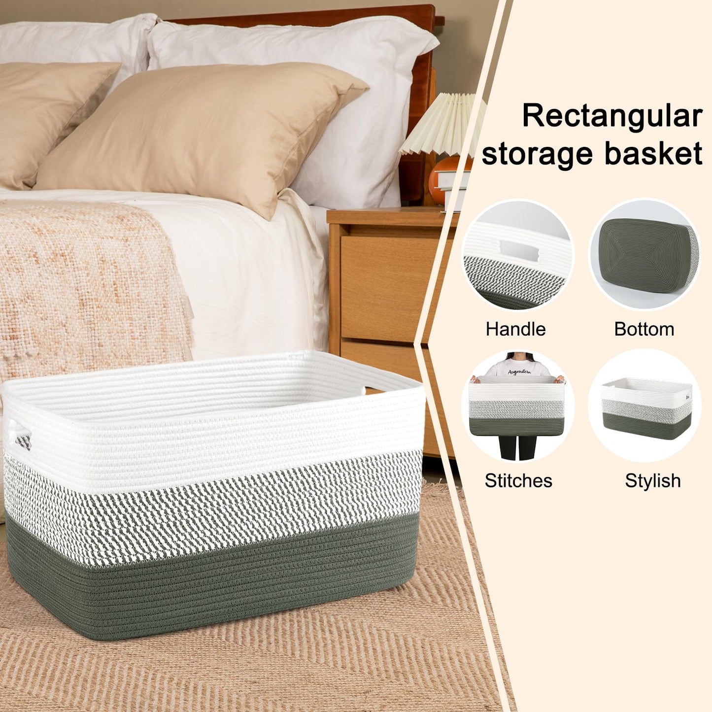 OIAHOMY - Cesta de manta grande, 22 x 17 x 12 pulgadas, cestas tejidas rectangulares para guardería, sala de estar, almacenamiento de juguetes con asa, cestas grandes para organizar, verde/blanco