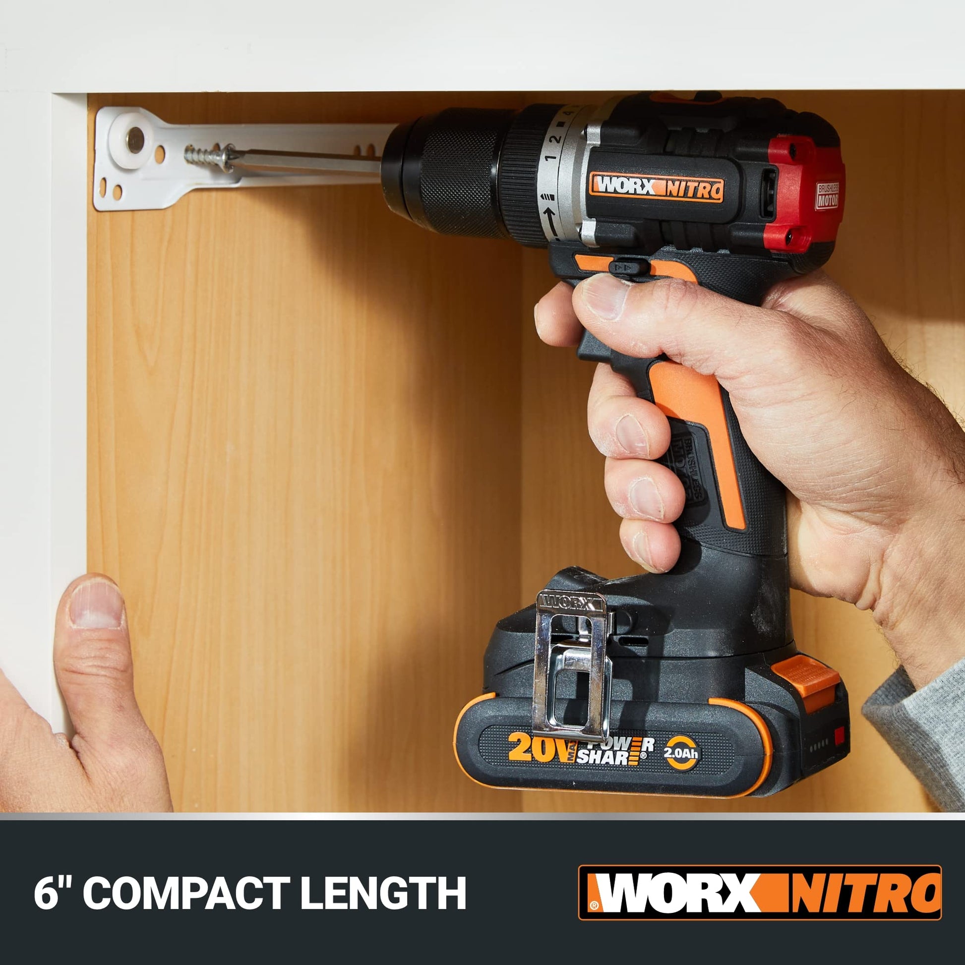 Worx Nitro - Taladro inalámbrico de 20 V de 1/2 pulgadas con motor sin escobillas, juego compacto y ligero de solo 6 pulgadas y 3 libras, solo herramienta WX130L.9 compatible con Power Share