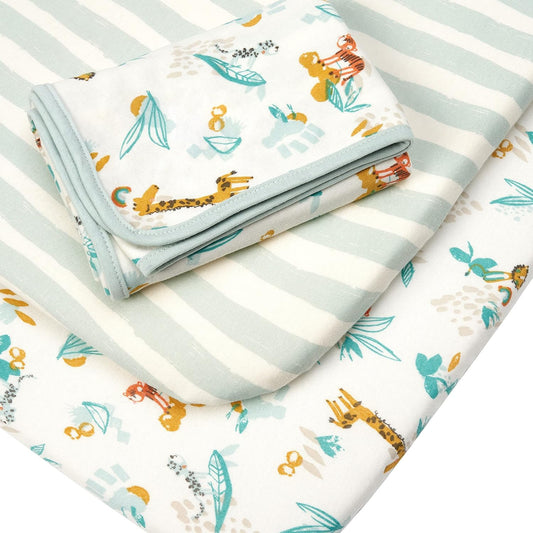 Tutti Bambini - Paquete de iniciación para moisés de noche, 2 sábanas bajeras de algodón orgánico y colcha reversible, artículos esenciales para bebés y recién nacidos, artículos imprescindibles para