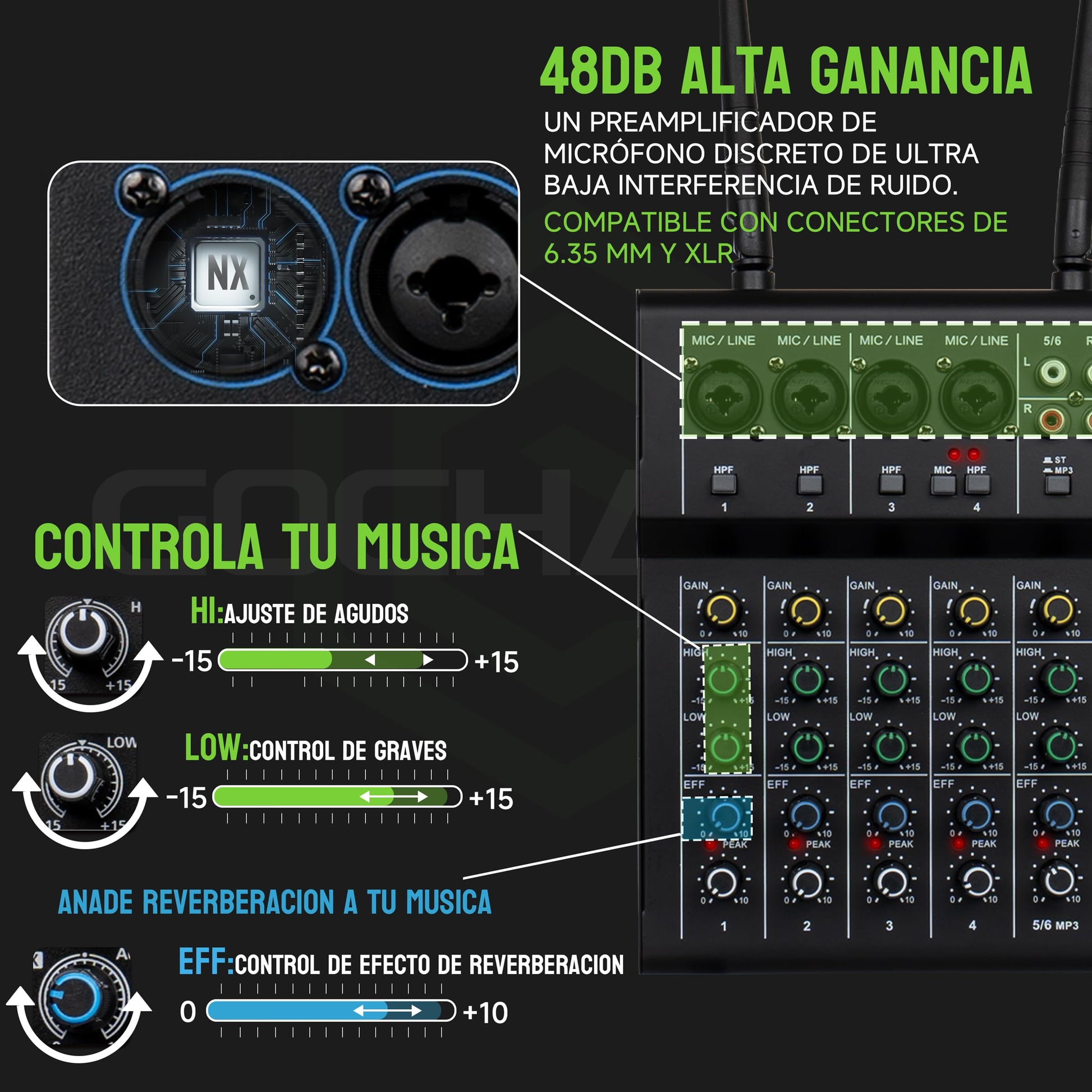 GOCHANMI GX6 Mezcladora de Audio 6 Canales Con 2 Micrófono Inalambrico UHF 100M Rango,Mixer Profesional con 48V Phantom Power y Bluetooth USB Interface,para Home Karaoke Party Studio Recording