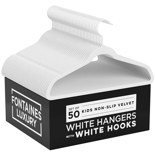 Fontaines Luxury Kid's White Velvet Felt Non Slip Clothes Hangers 50 Pack - Ultra Slim & Space Saving - Heavy Duty Swivel Black Hook for Children's Clothing, Shirt, Dress, Skirt & Pants Organization