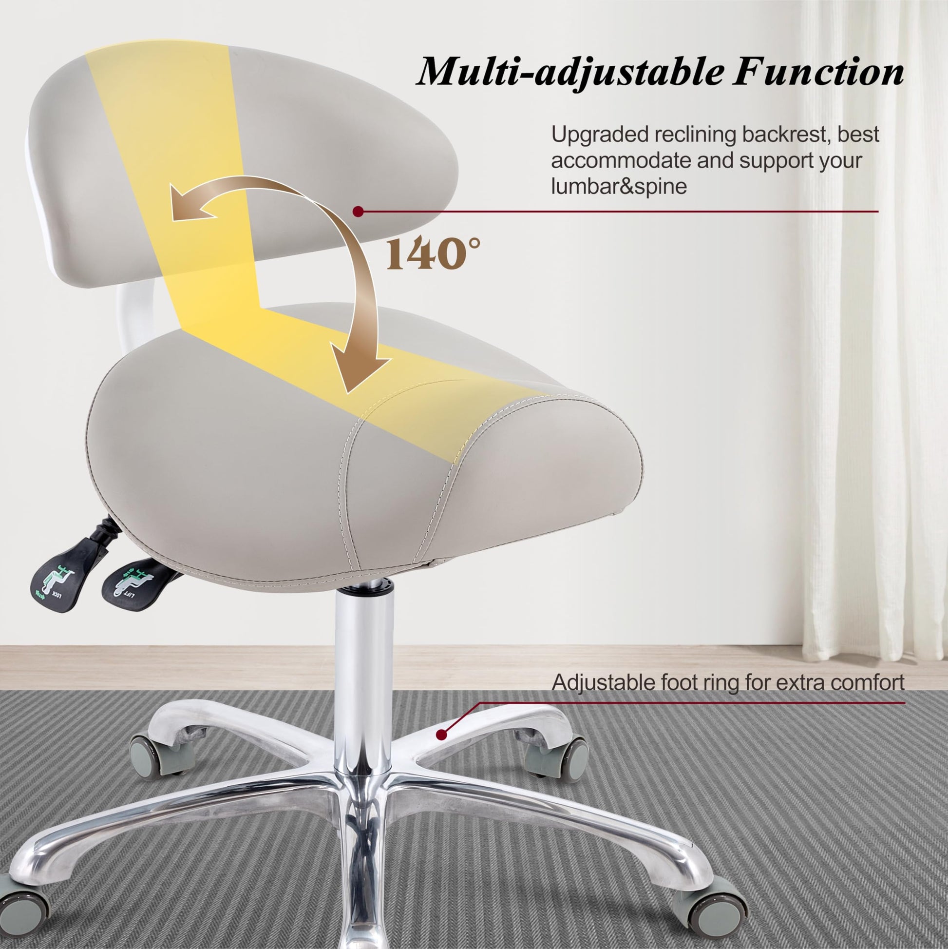 HNKastela - Sillín rodante con soporte trasero, silla ergonómica de altura ajustable con ruedas para higienista dental, salón, esteticista