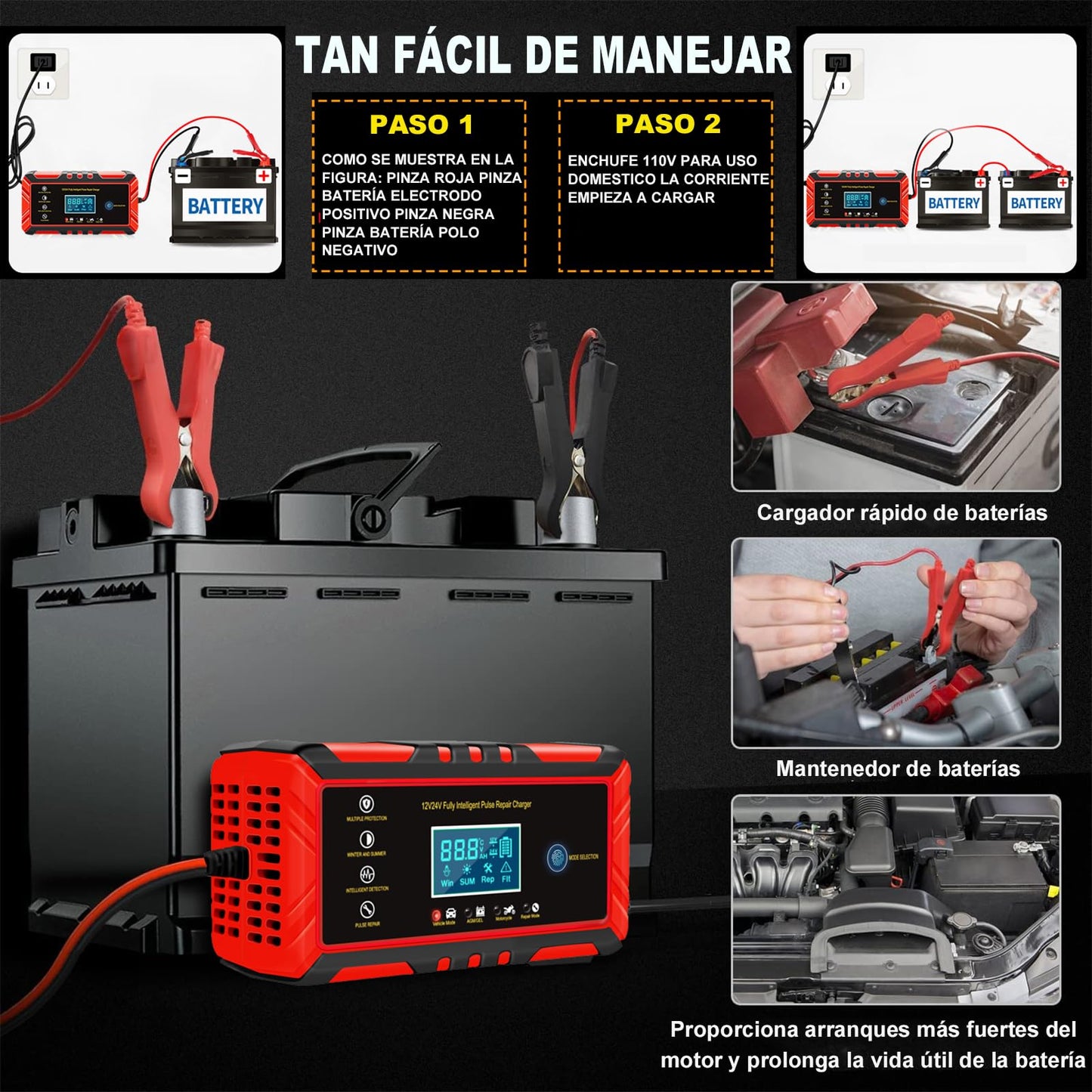 Cargador de Batería Coche,8A 12V/4A 24V Cargador de Batería de Moto,Automático Inteligente Cargador de Batería con Múltiples Protecciones para Automóviles Motocicletas SUV ATVs RVs Barco Excavador etc