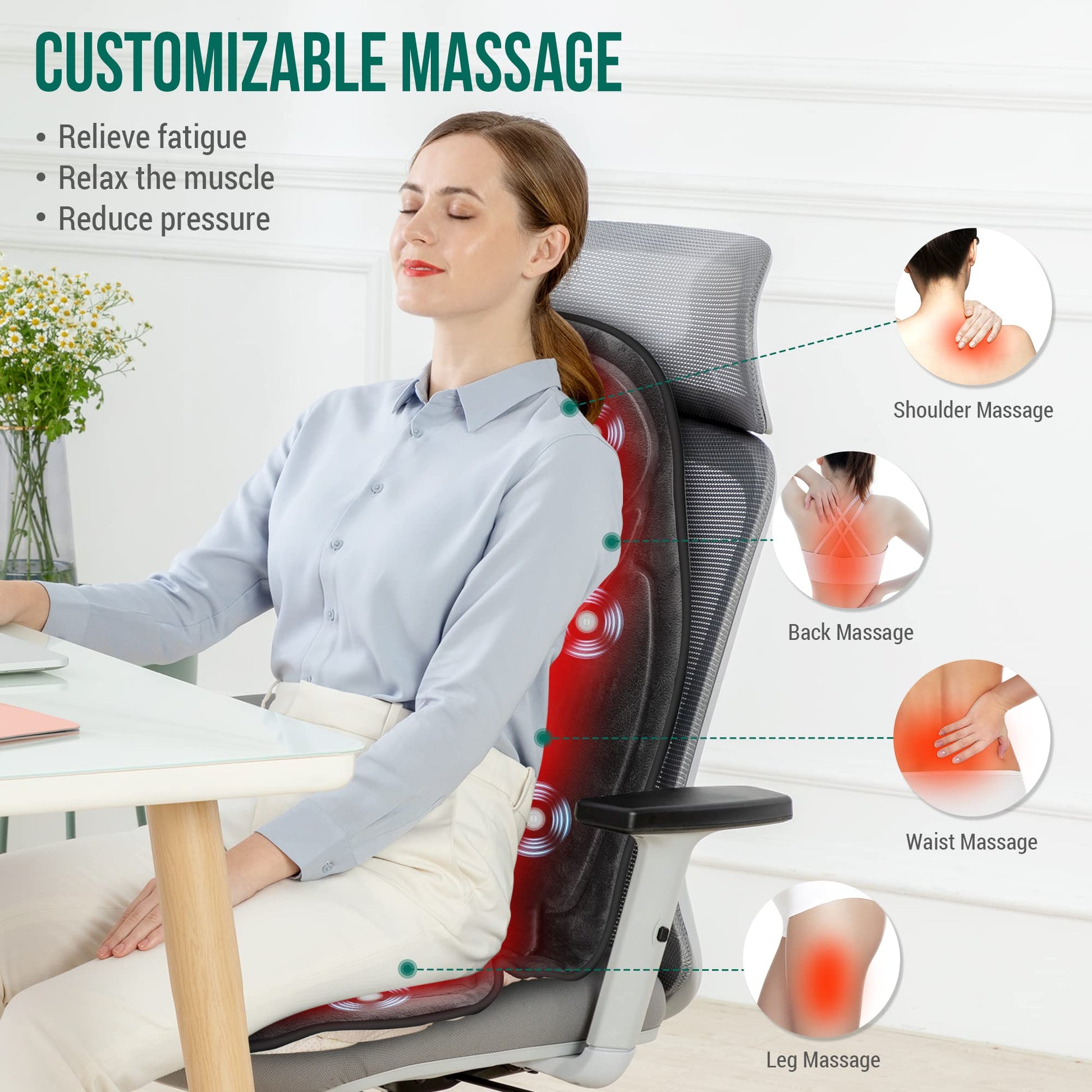 Snailax Back Massage Seat Cushion, Memory Foam Pad, 5 Massage Modes & 2 Heat Settings, Seat Massager for Office Chair,Home Use