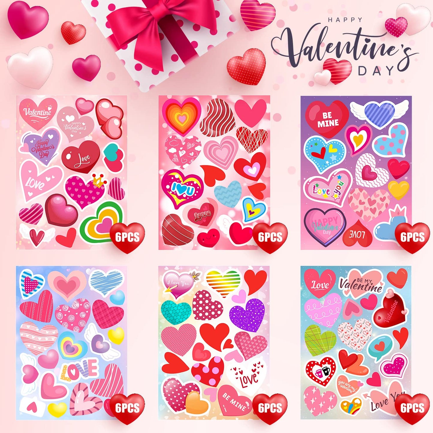 36 hojas de calcomanías para el día de San Valentín, calcomanías de corazón de San Valentín, calcomanías de amor para niños, tarjetas de manualidades, álbumes de recortes, regalos de fiesta, bodas, aniversarios
