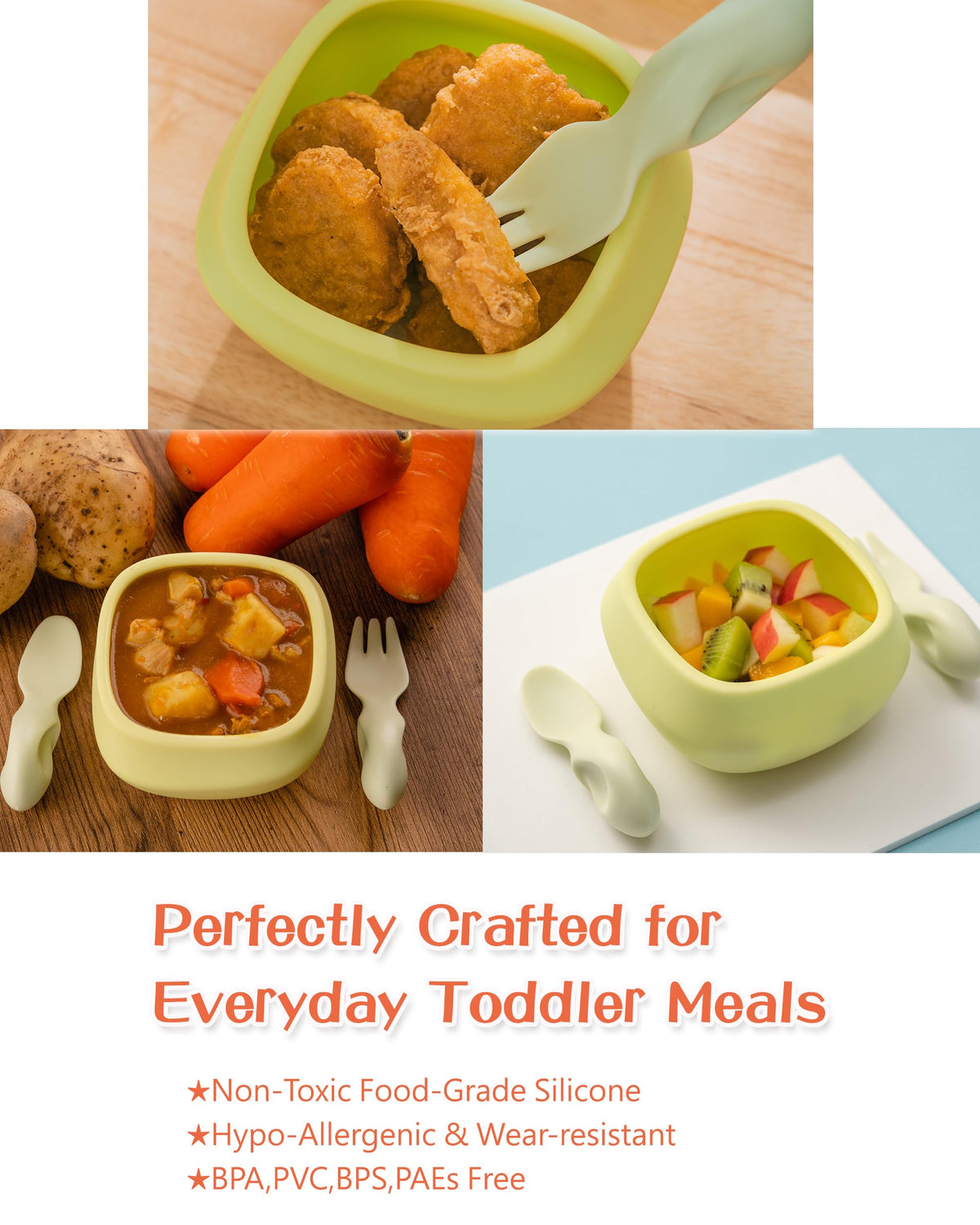 Tiny Genius - Juego de cubiertos para niños pequeños, tenedor de silicona para destete con luces LED para bebé, cuchara y tazón, sin BPA, utensilios de entrenamiento autoalimentados, fáciles de