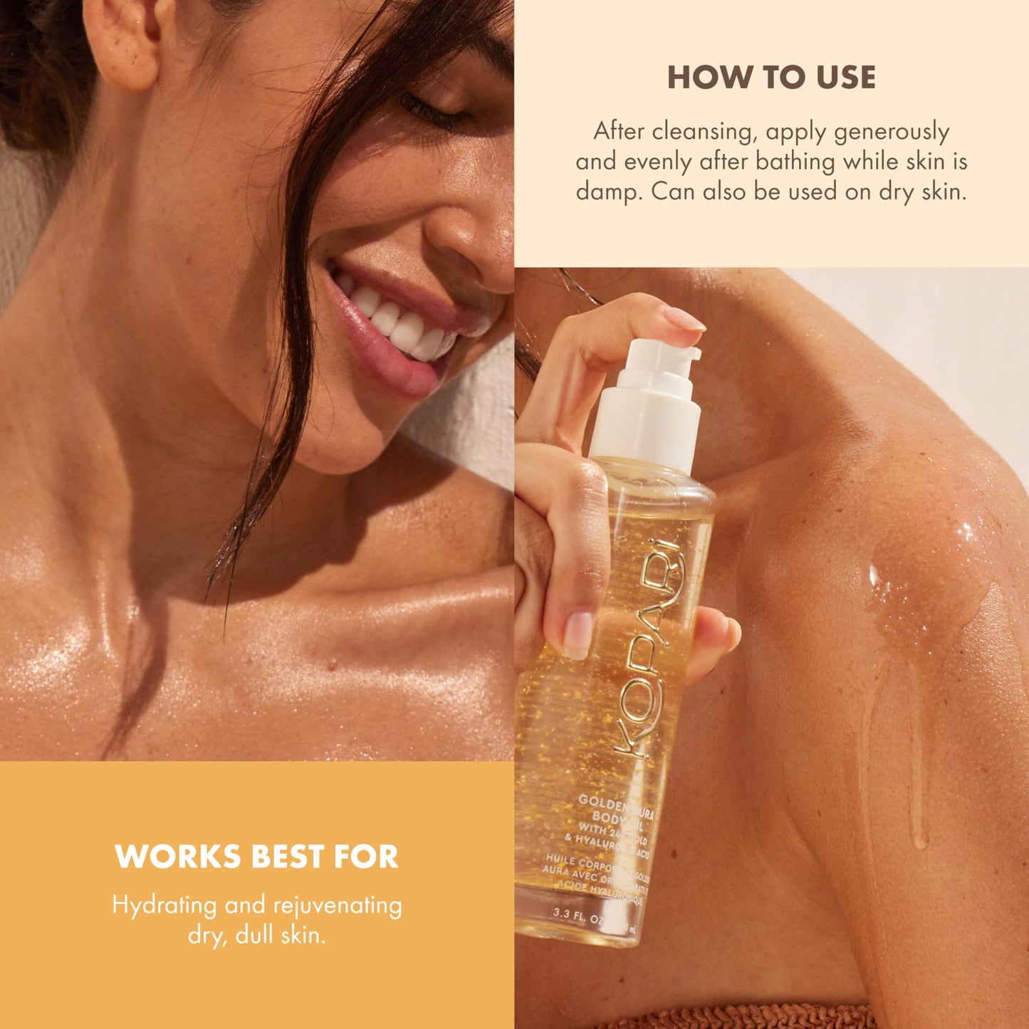 Kopari- Aceite corporal Golden Aura con oro de 24 quilates y ácido hialurónico: fórmula hidratante para una piel radiante, 3,3 oz